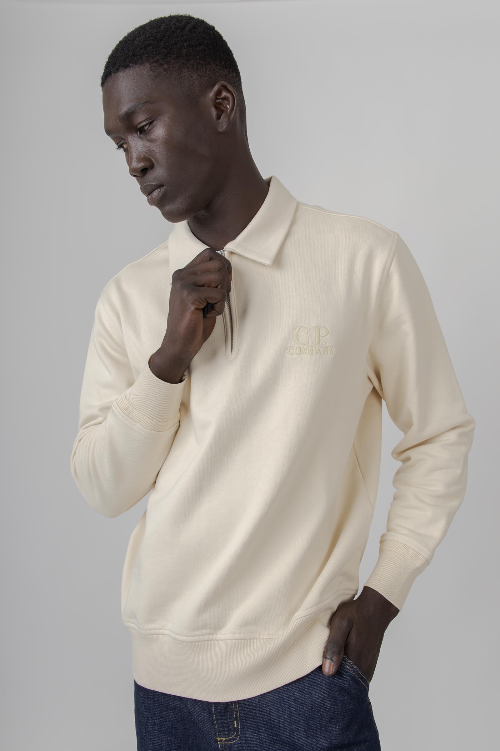 C.p. Company Felpa Polo Diagonal Raised Bianco Off Uomo - 1