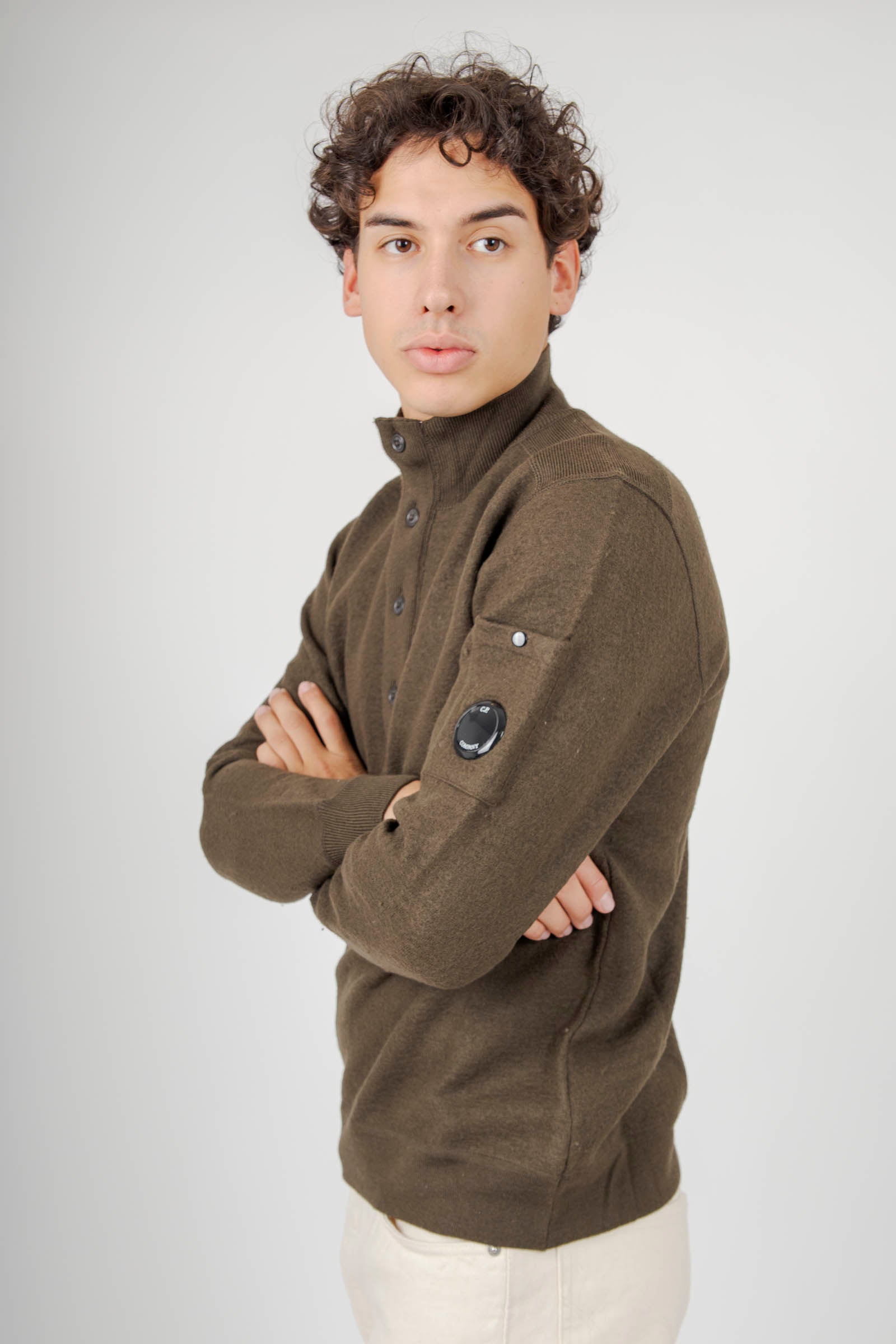 C.p. Company Maglia Merino Wool Felted Half Button Verde Militare Uomo - 3