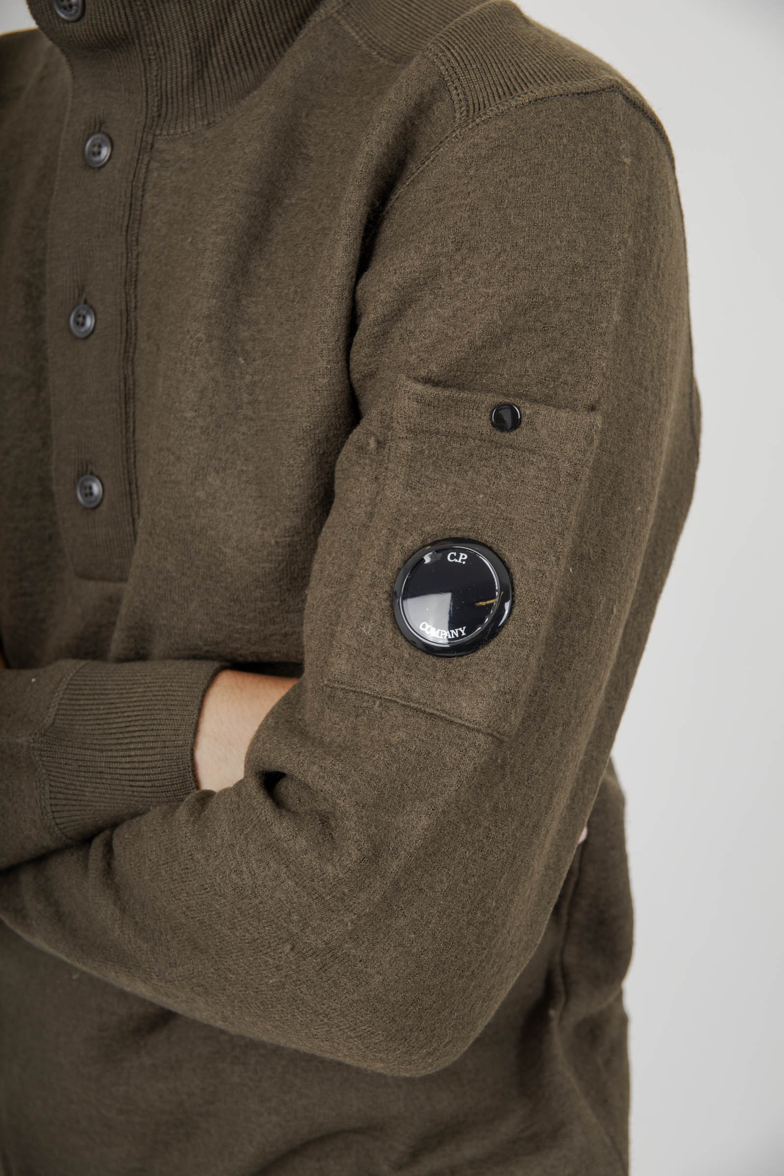 C.p. Company Maglia Merino Wool Felted Half Button Verde Militare Uomo - 4