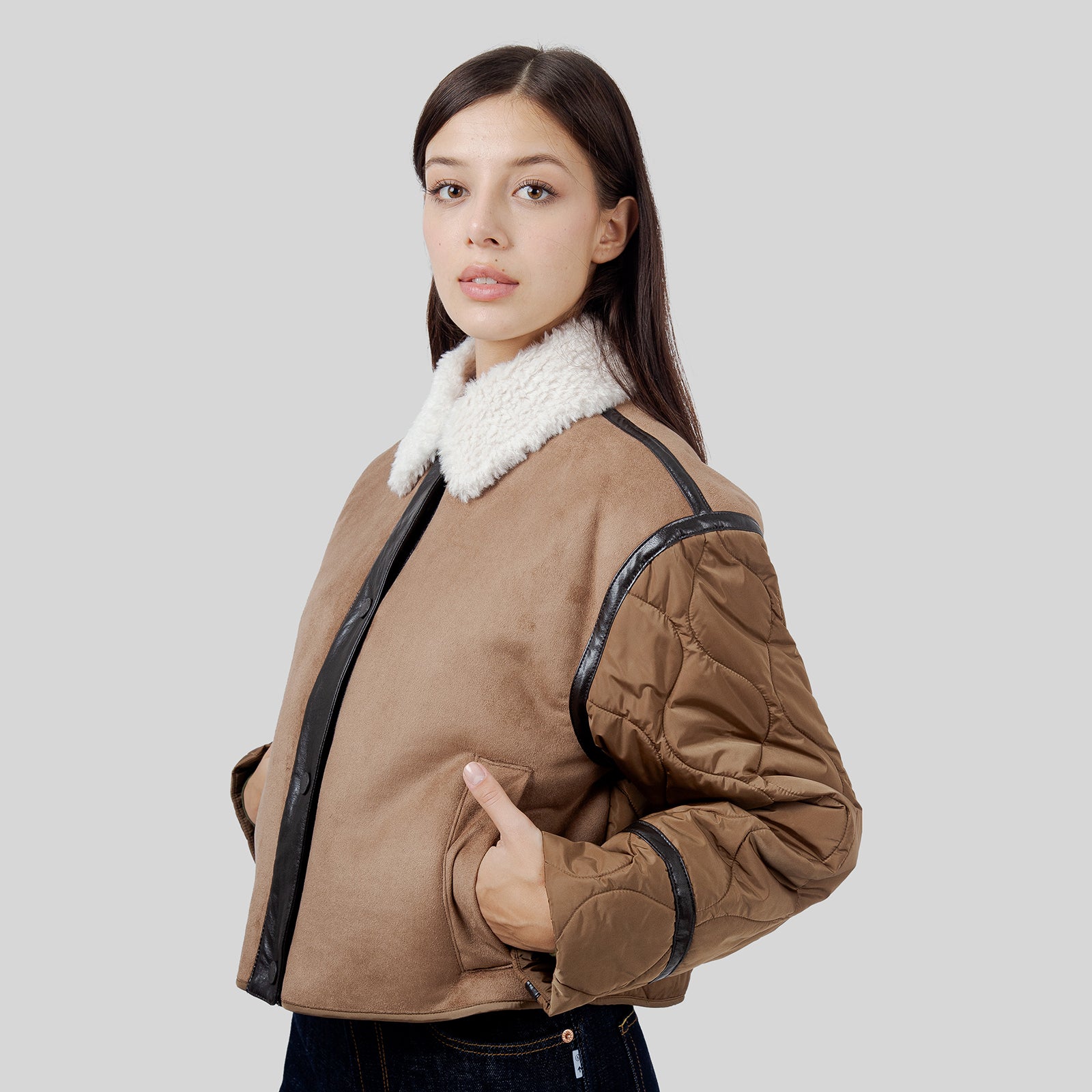 Max Mara Weekend Giacca Crop Effetto Suede E Tessuto Tecnico Gessati Marrone Chiaro Donna - 5