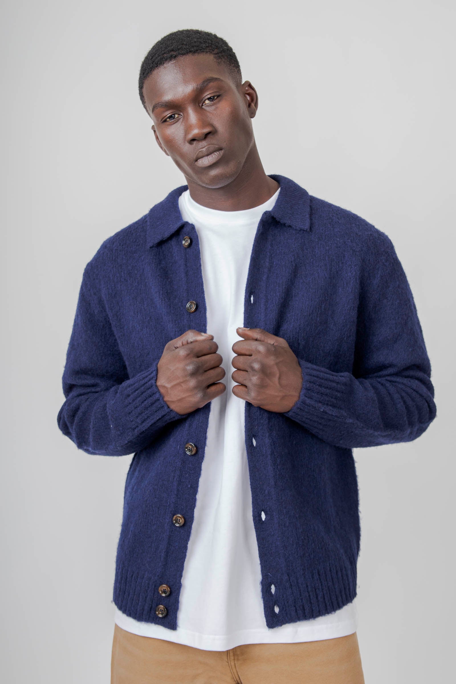 Aspesi Cardigan A Camicia In Lana Shetland Blu Navy Uomo