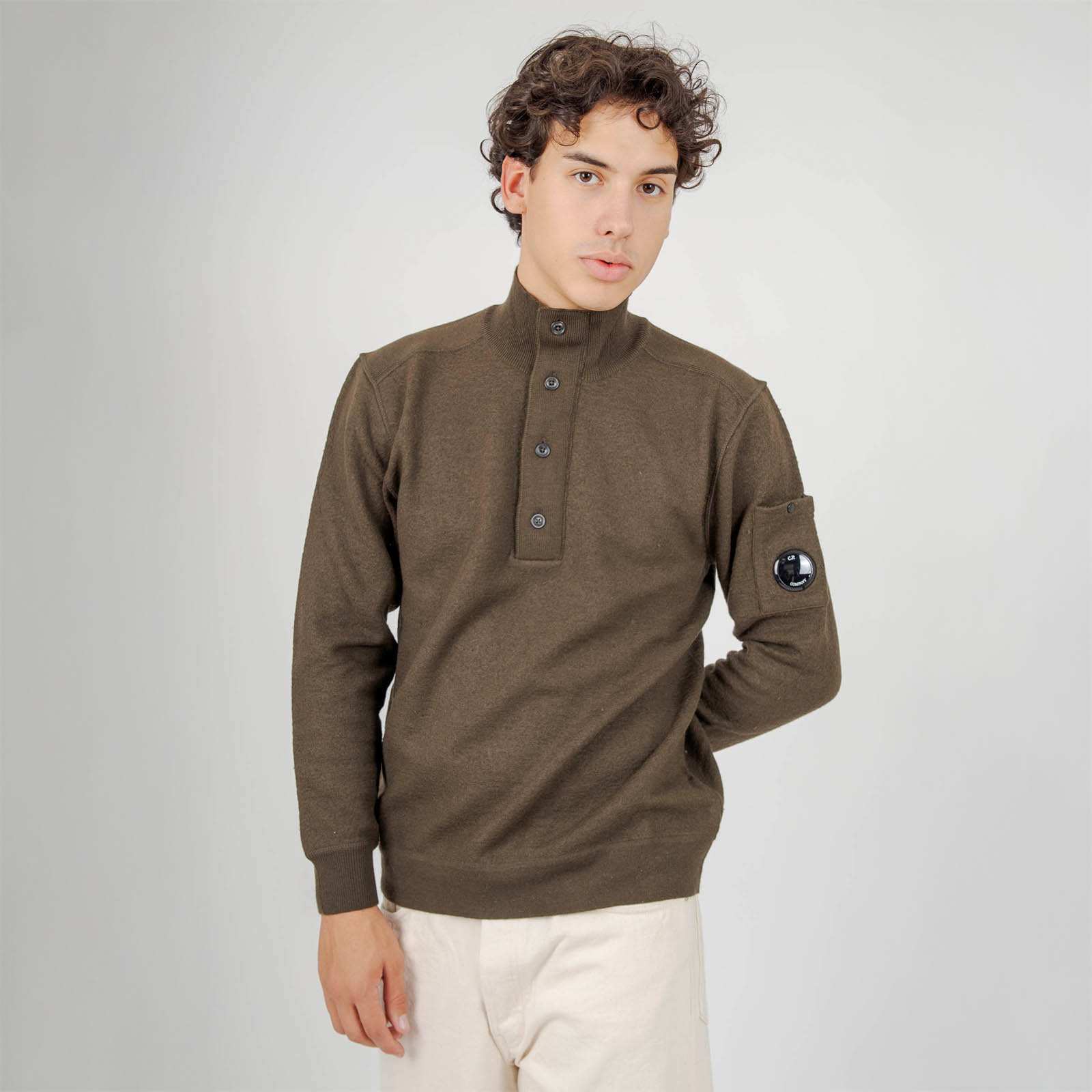 C.p. Company Maglia Merino Wool Felted Half Button Verde Militare Uomo - 8