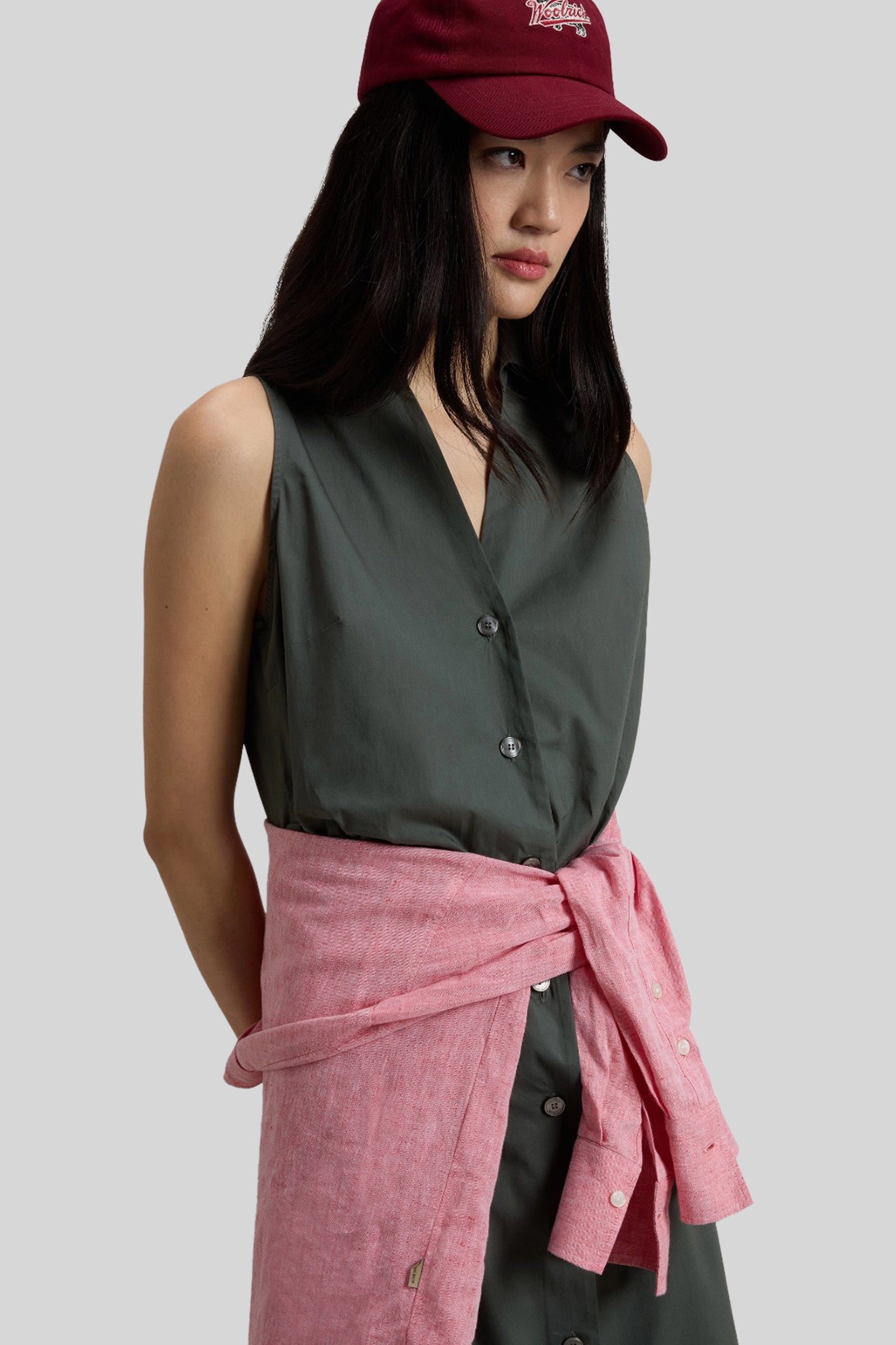 Woolrich Abito Chemisier In Popeline Di Puro Cotone Con Cintura Verde Donna - 2