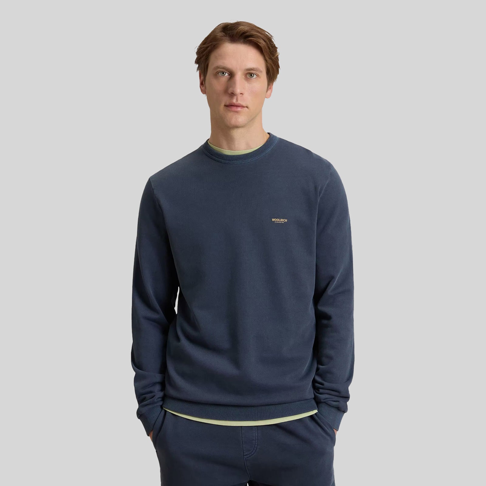 Woolrich Felpa Garment Dyed Logo Blu Uomo - 5