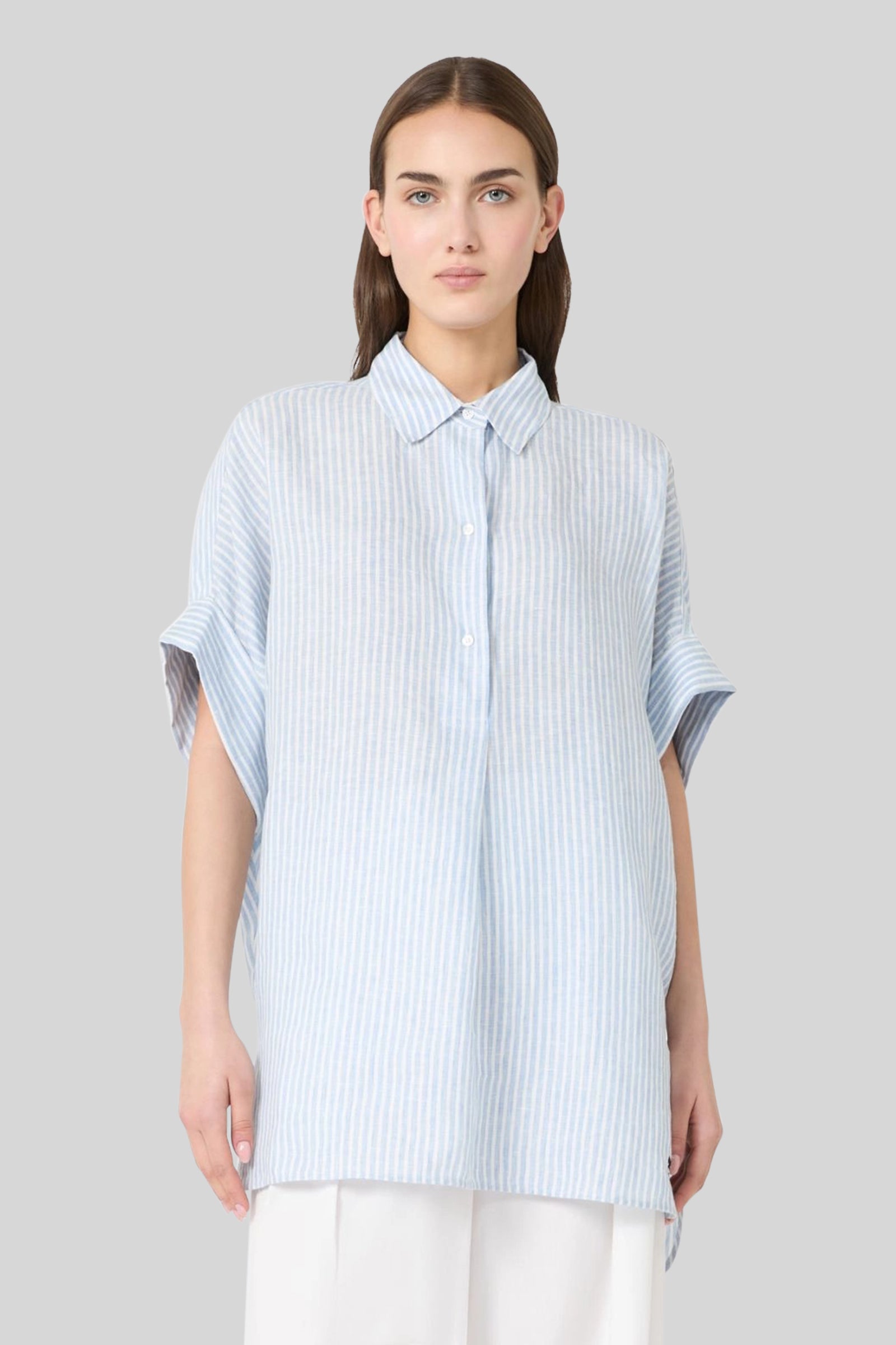 Max Mara Weekend Camicia Verve In Tela Di Lino Bianco/azzurro Donna - 3