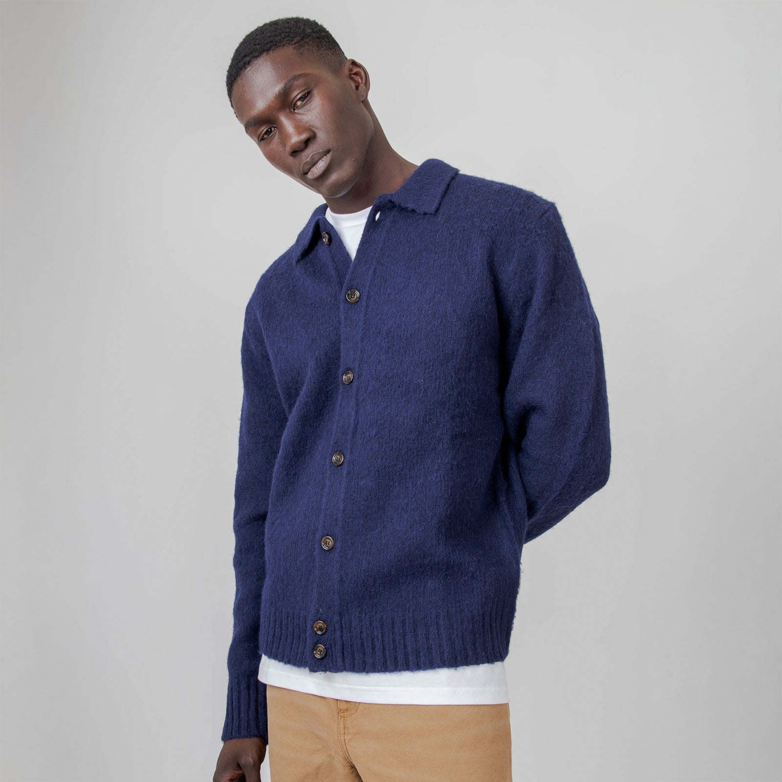 Aspesi Cardigan A Camicia In Lana Shetland Blu Navy Uomo - 8