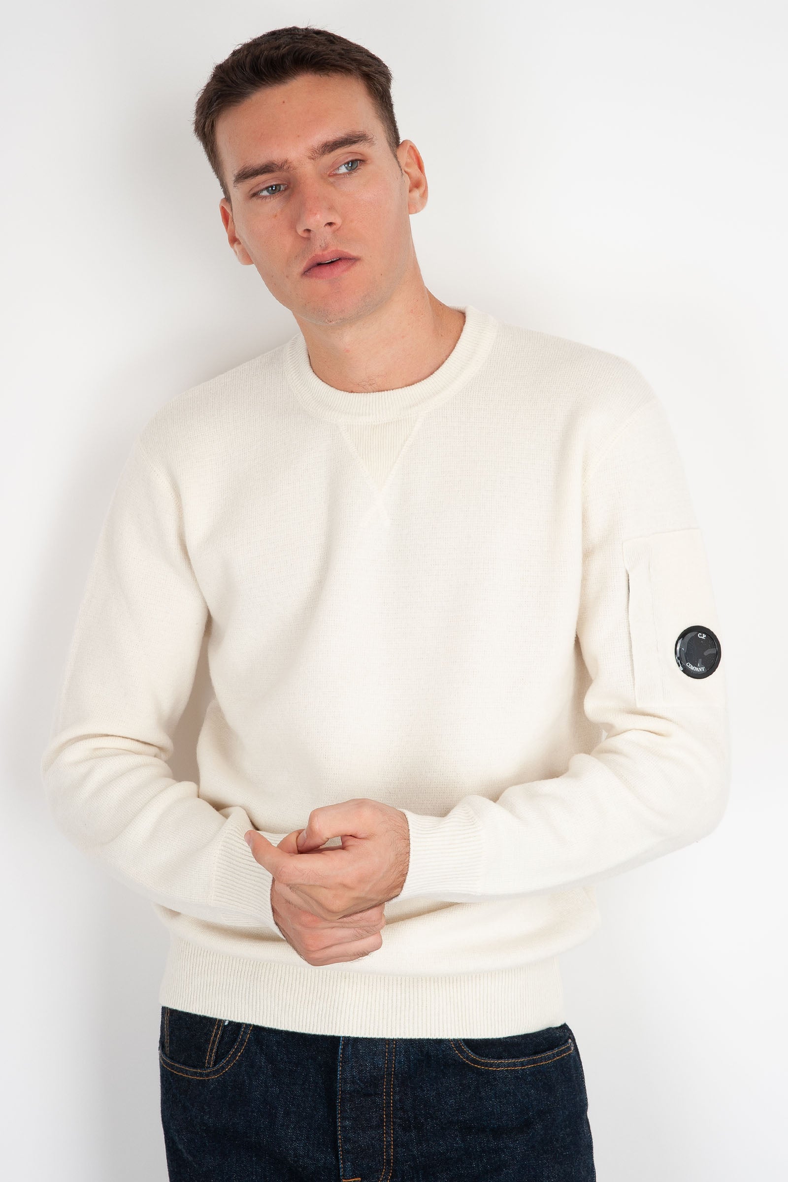 CP Company Lambswool White Men Sweater with Embroidered Detail