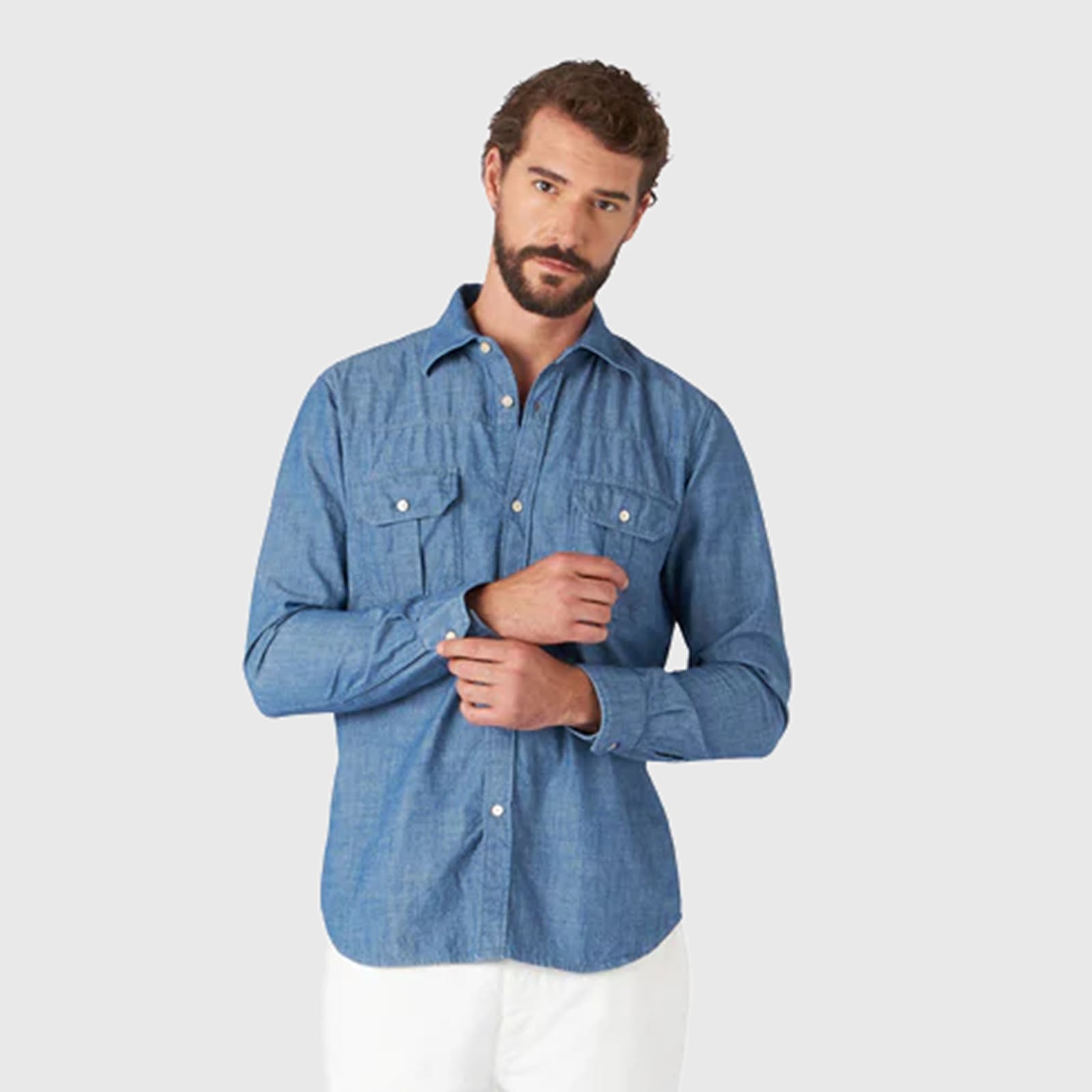 Fortela Camicia Amleto Patch Pockets Chambray Uomo - 7