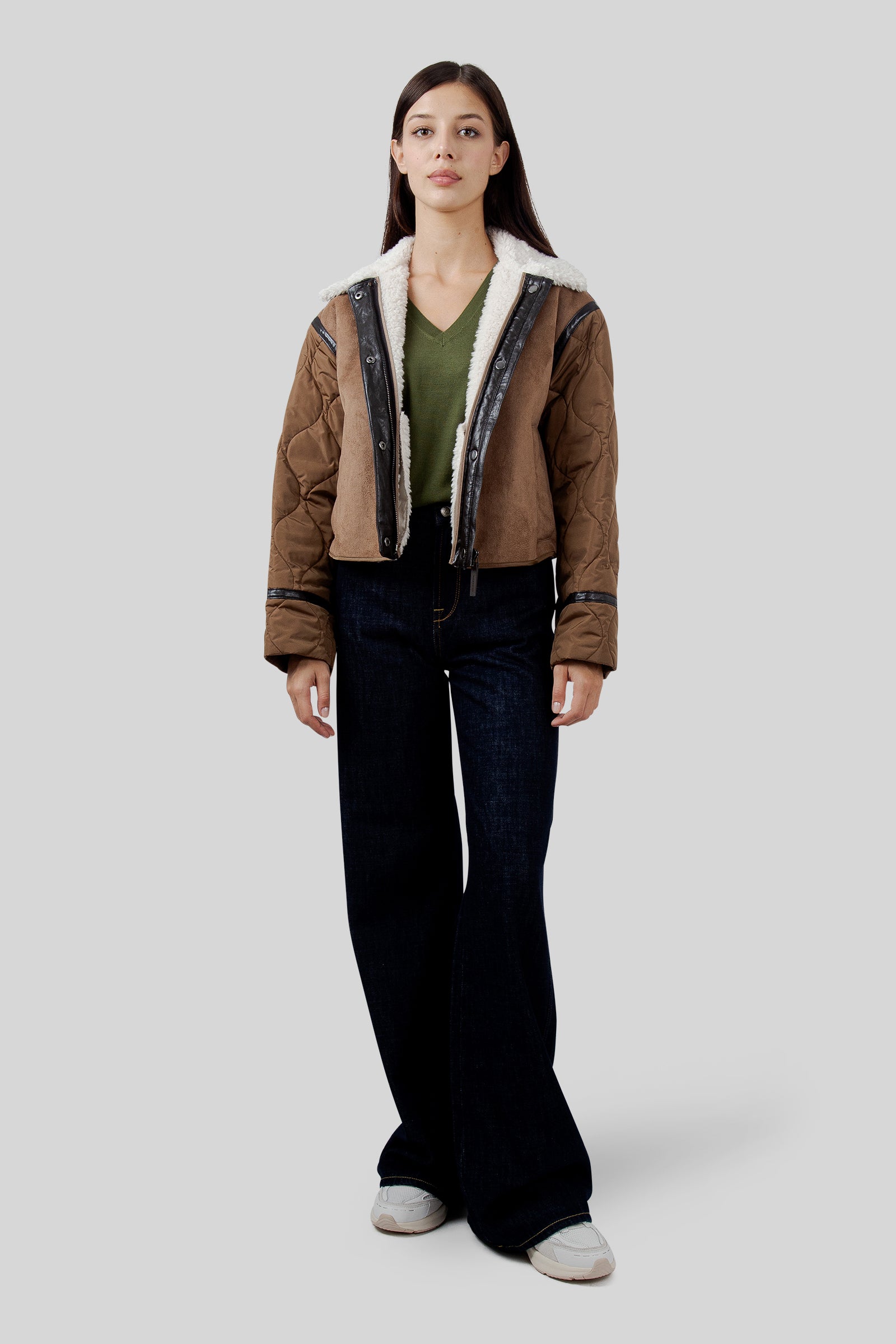 Max Mara Weekend Giacca Crop Effetto Suede E Tessuto Tecnico Gessati Marrone Chiaro Donna - 2