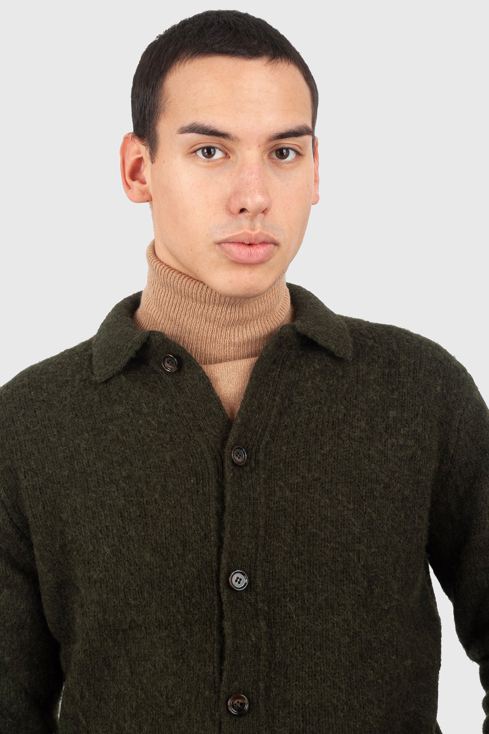 Aspesi Cardigan In Lana Shetland Spazzolata Verde Militare Uomo - 2