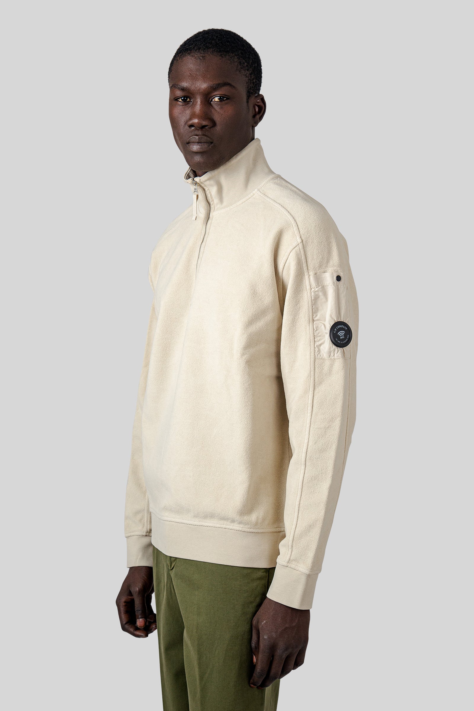 C.p. Company Diagonal Fleece Polo Collar Sweatsirt Panna Uomo - 6