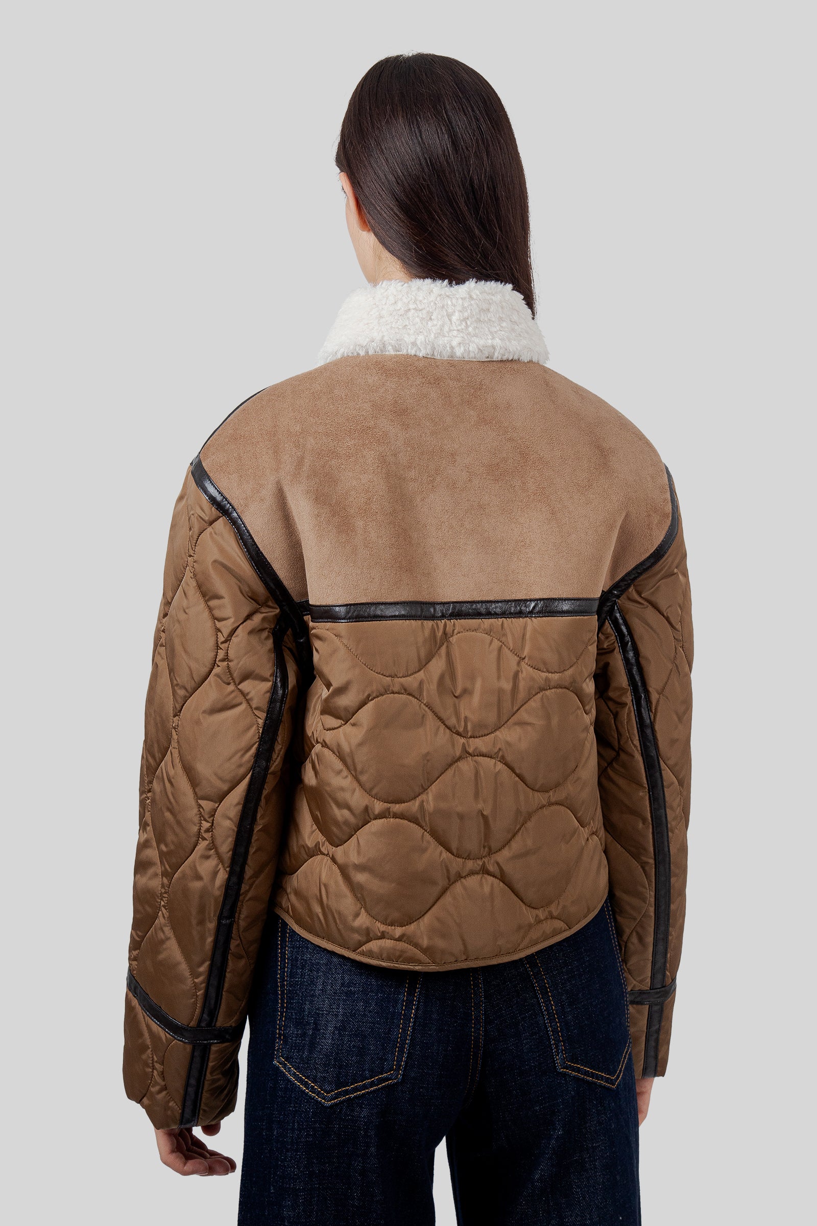 Max Mara Weekend Giacca Crop Effetto Suede E Tessuto Tecnico Gessati Marrone Chiaro Donna - 4