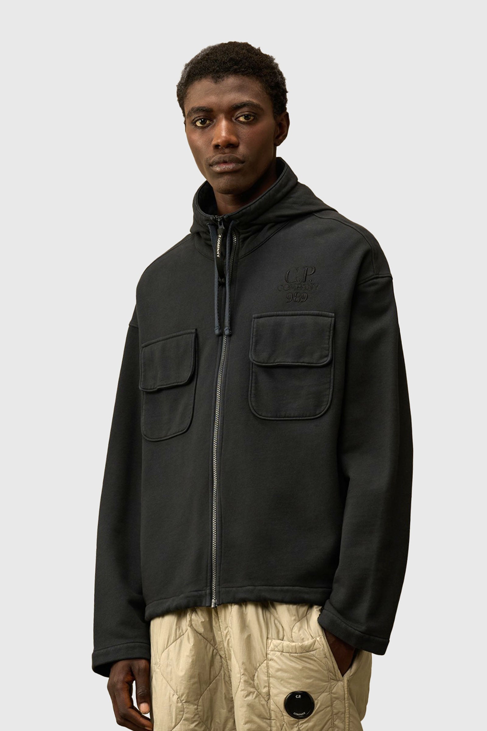 C.p. Company Felpa Brushed And Emerized Diagonal Fleece Hooded Utility Nero Uomo - 1