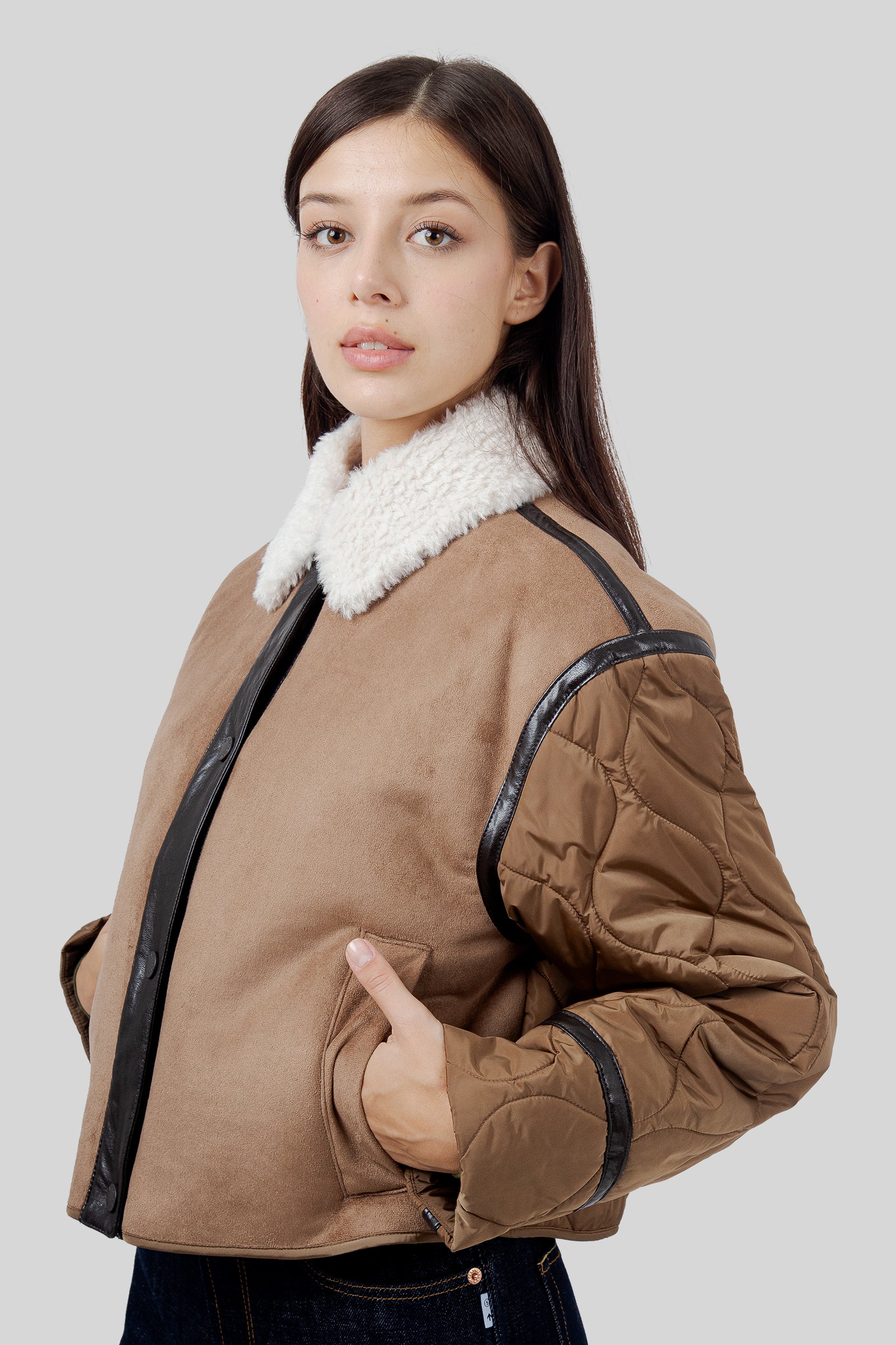 Max Mara Weekend Giacca Crop Effetto Suede E Tessuto Tecnico Gessati Marrone Chiaro Donna - 1