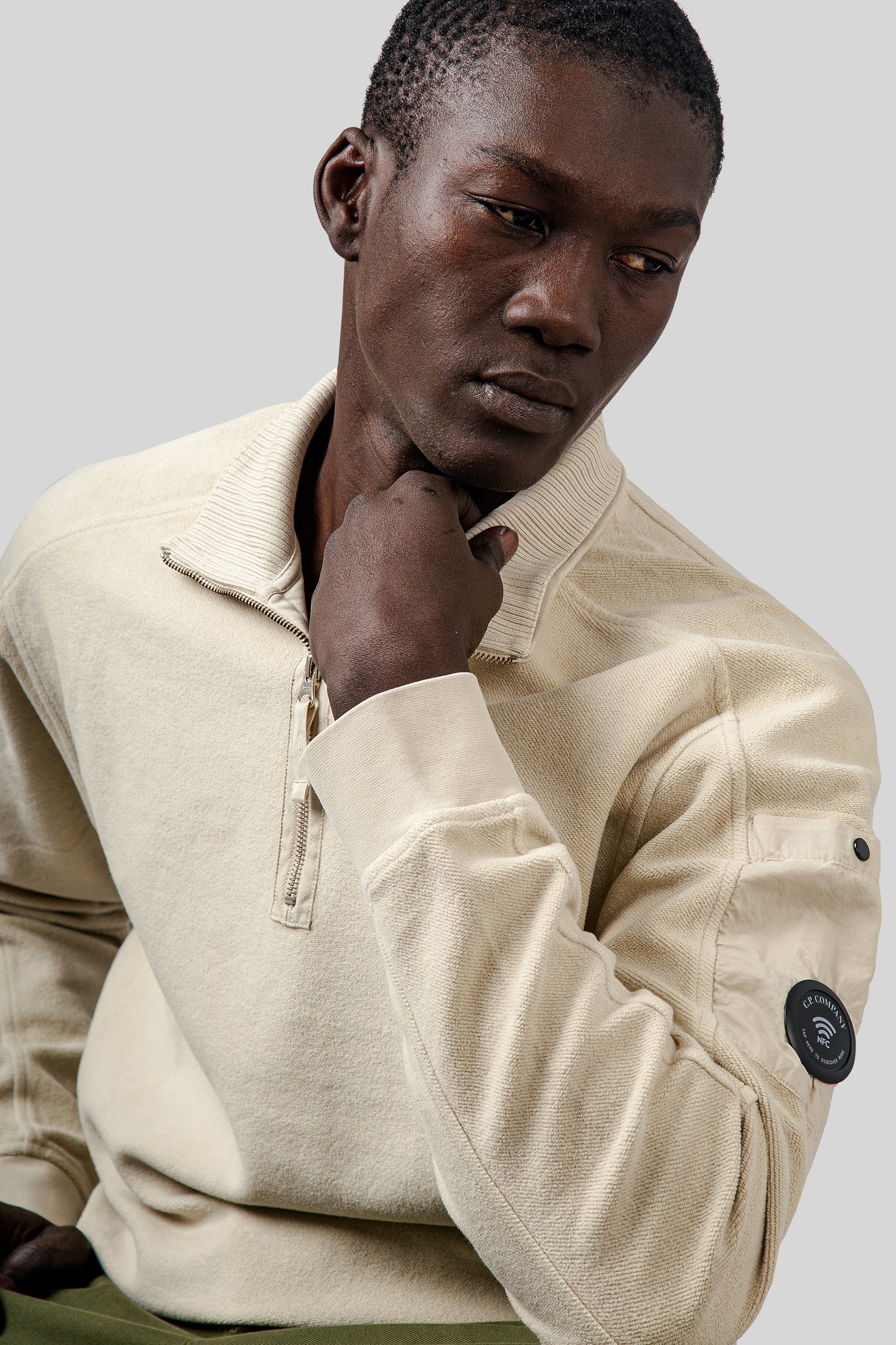 C.p. Company Diagonal Fleece Polo Collar Sweatsirt Panna Uomo - 4