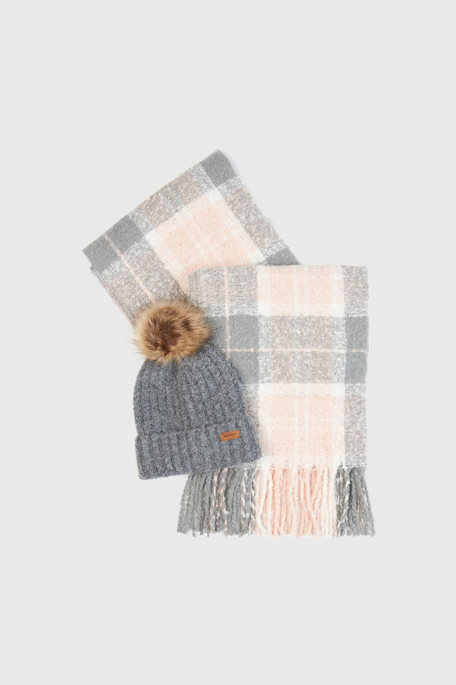 Barbour Saltburn Beanie Tartan & Sciarpa In Lana Grigio/rosa Donna - 4