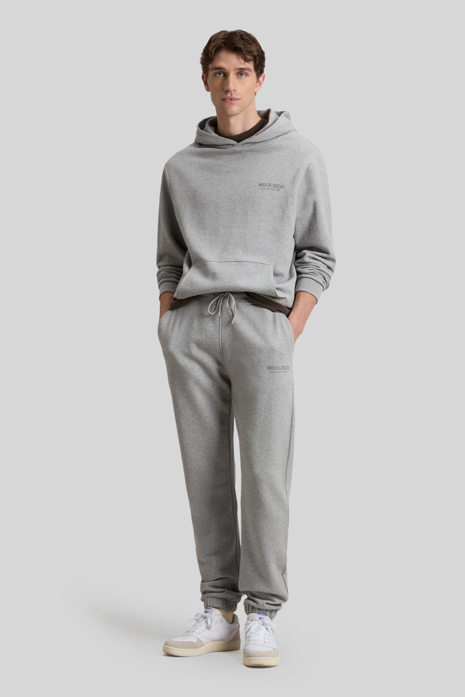 Woolrich Felpa Macro Logo Con Cappuccio Grigio Melange Uomo - 4