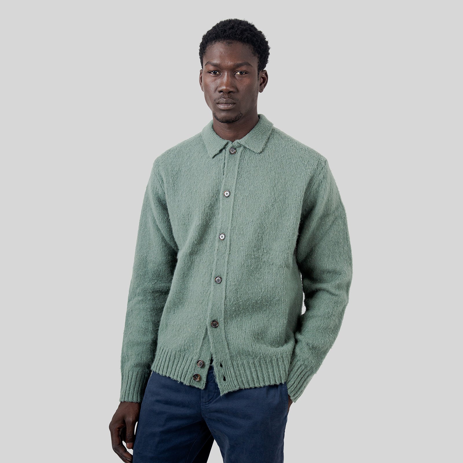 Aspesi Cardigan In Lana Shetland Verde Salvia Uomo - 7