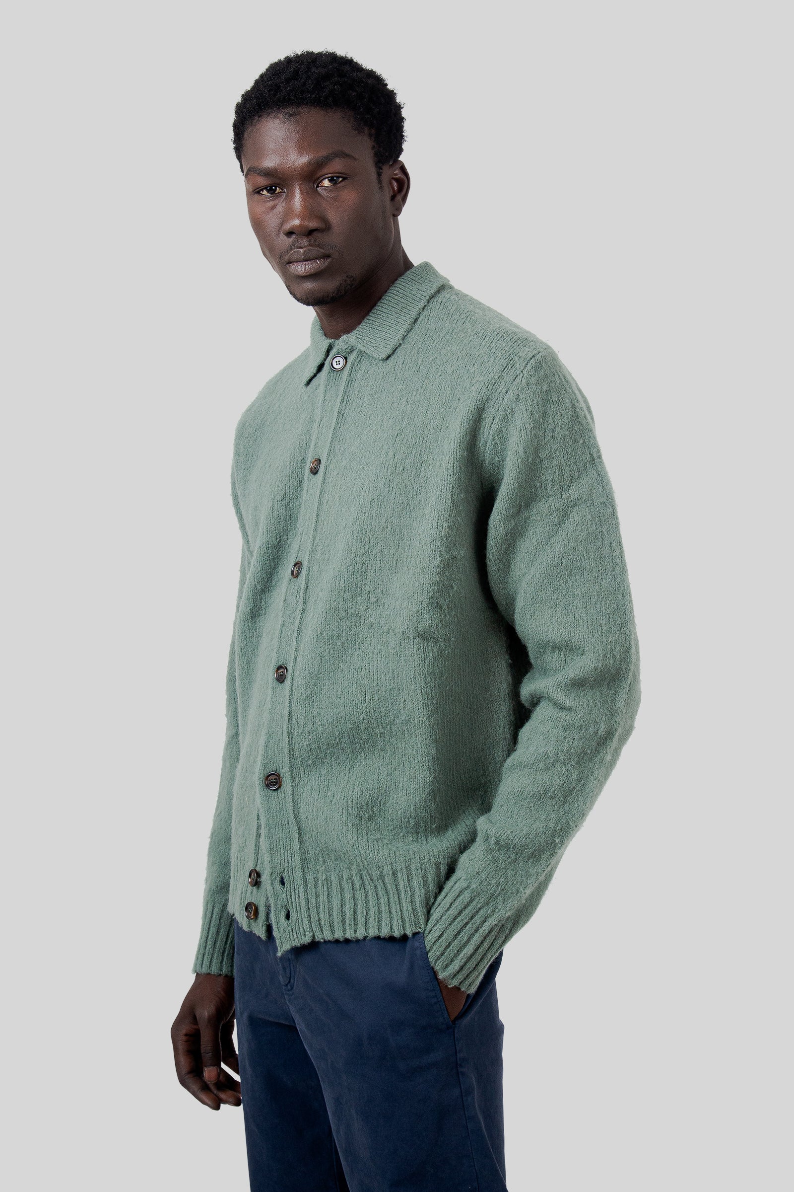 Aspesi Cardigan In Lana Shetland Verde Salvia Uomo - 5