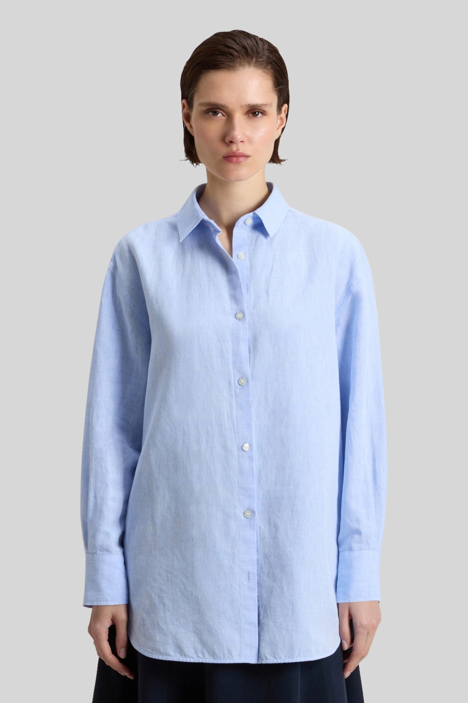 Woolrich Camicia Boyfriend In Misto Cotone E Lino Celeste Donna - 3