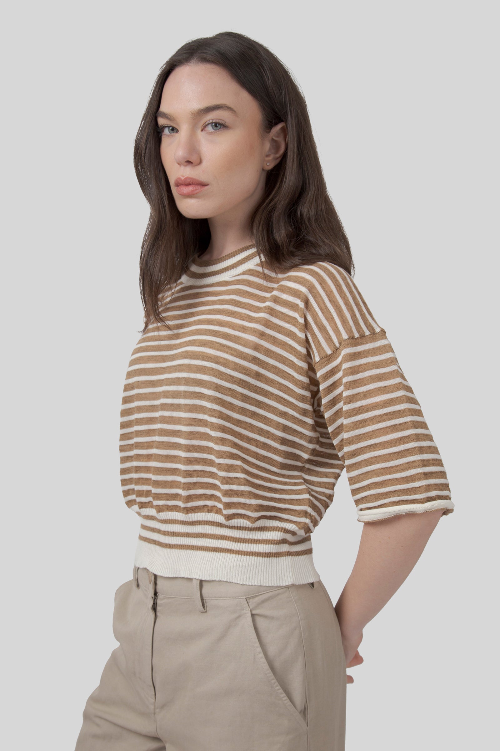 Roberto Collina Maglia Girocollo Mariniere Tabacco Donna - 6