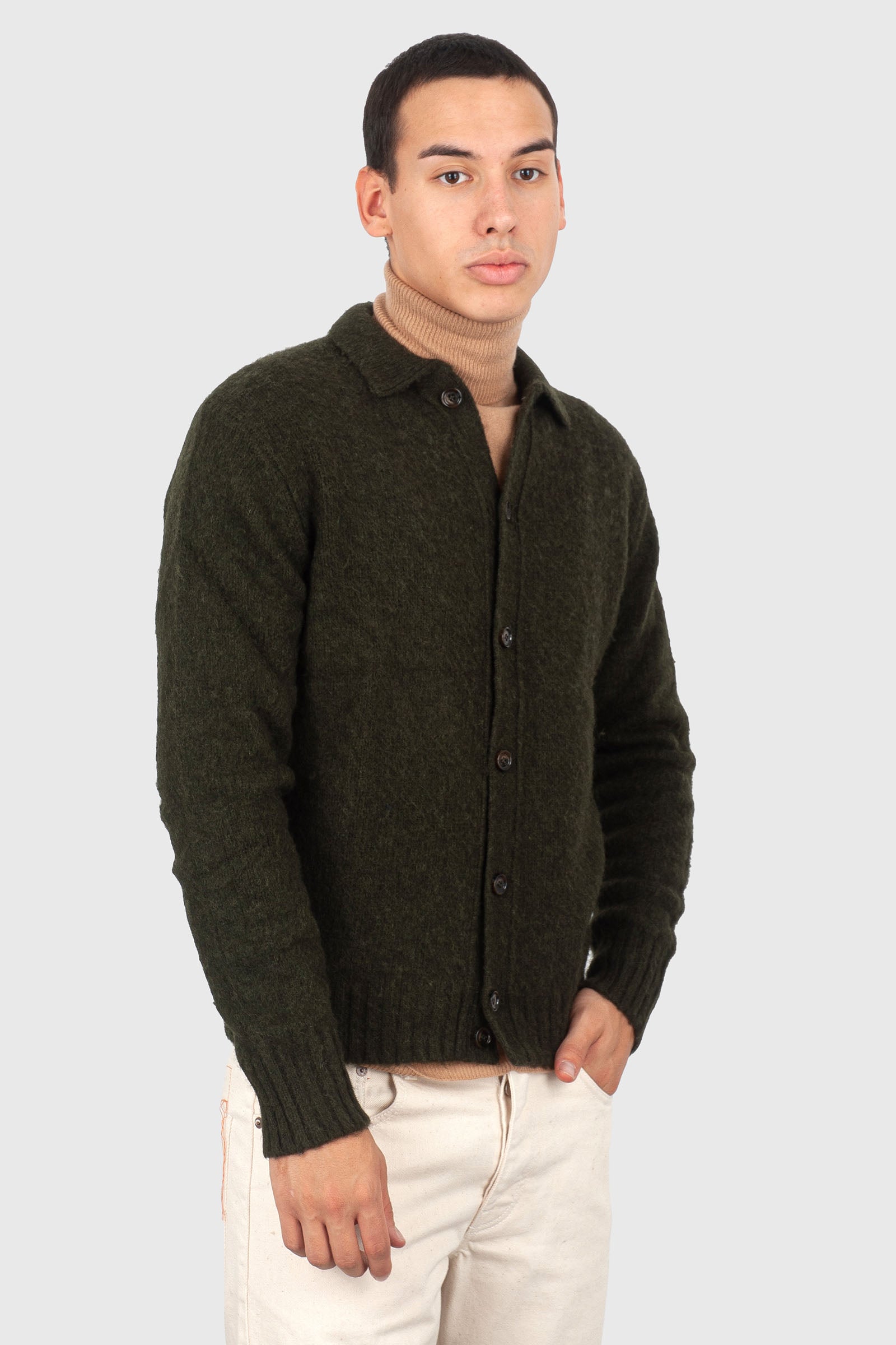 Aspesi Cardigan In Lana Shetland Spazzolata Verde Militare Uomo - 3