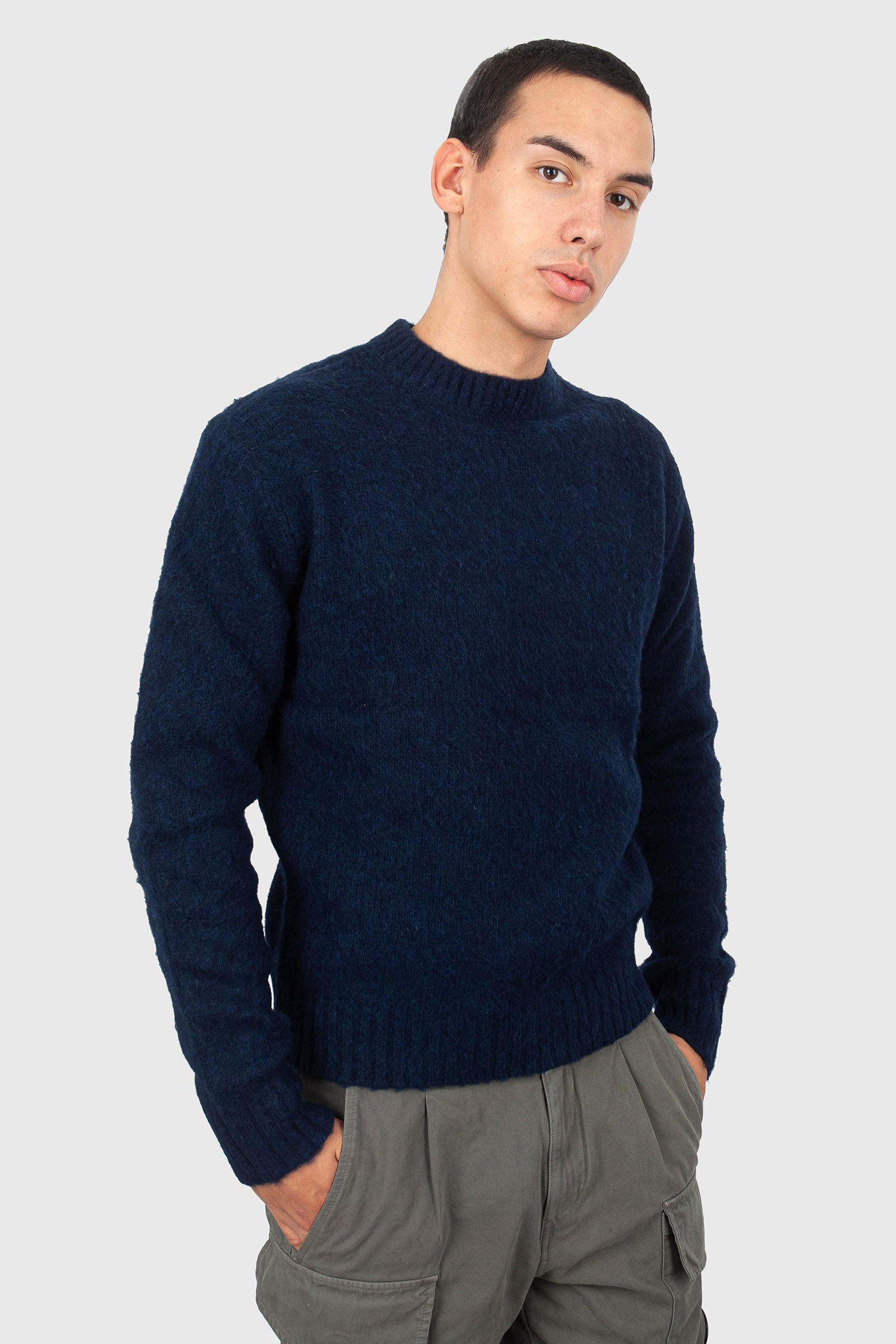 Aspesi Maglia Girocollo In Lana Shetland Spazzolata Blu Navy Uomo - 3