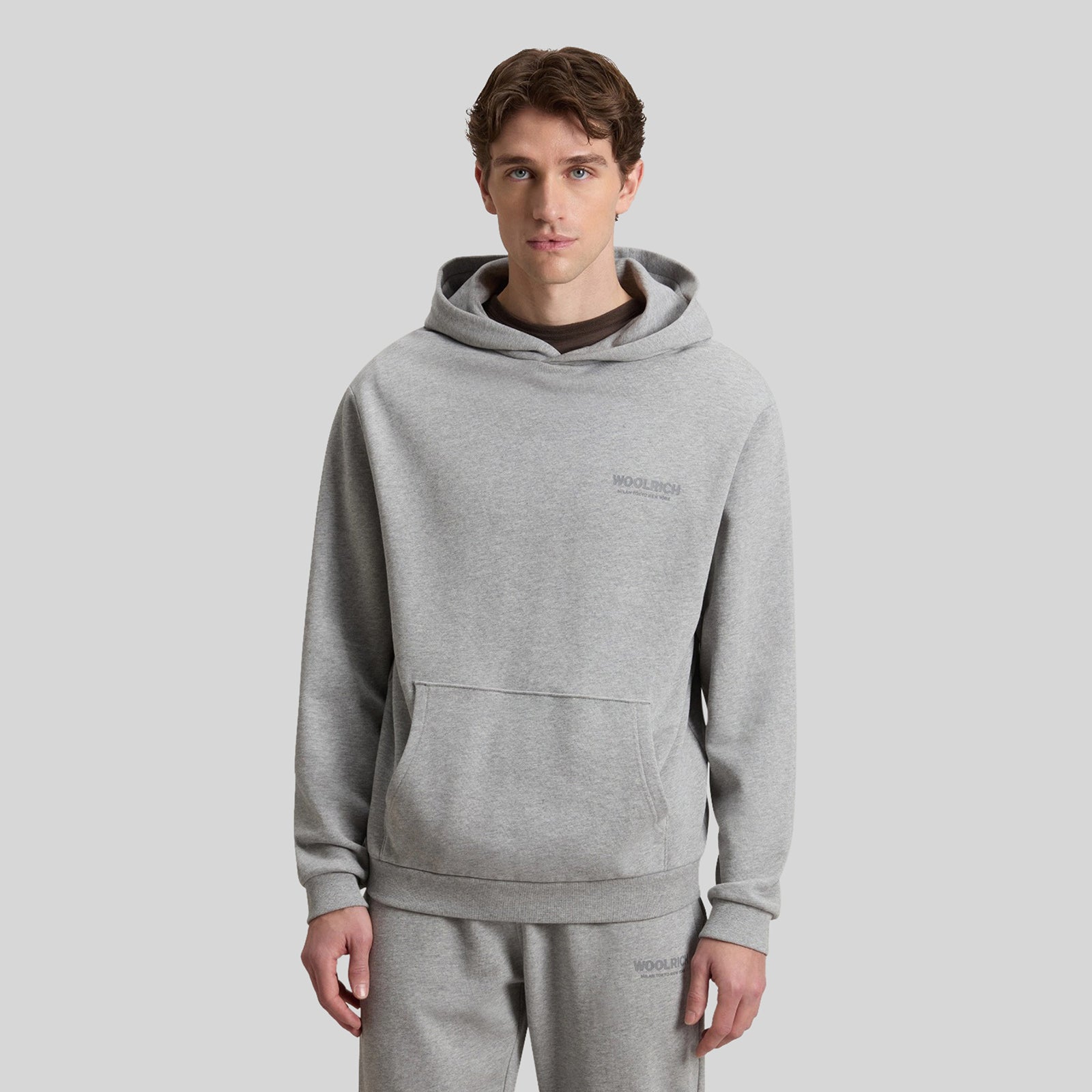 Woolrich Felpa Macro Logo Con Cappuccio Grigio Melange Uomo - 5