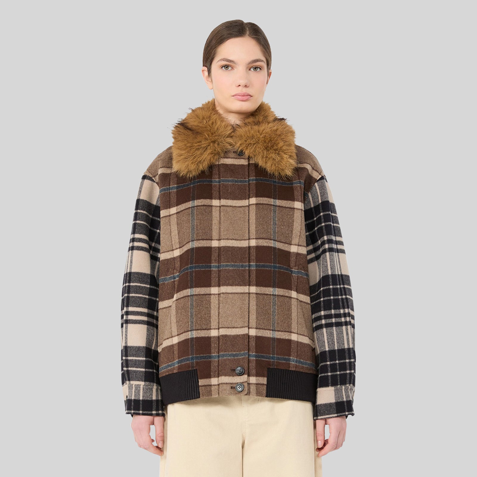 Max Mara Weekend Bomber In Drap Di Lana Check Divina Marrone/blu Donna - 5