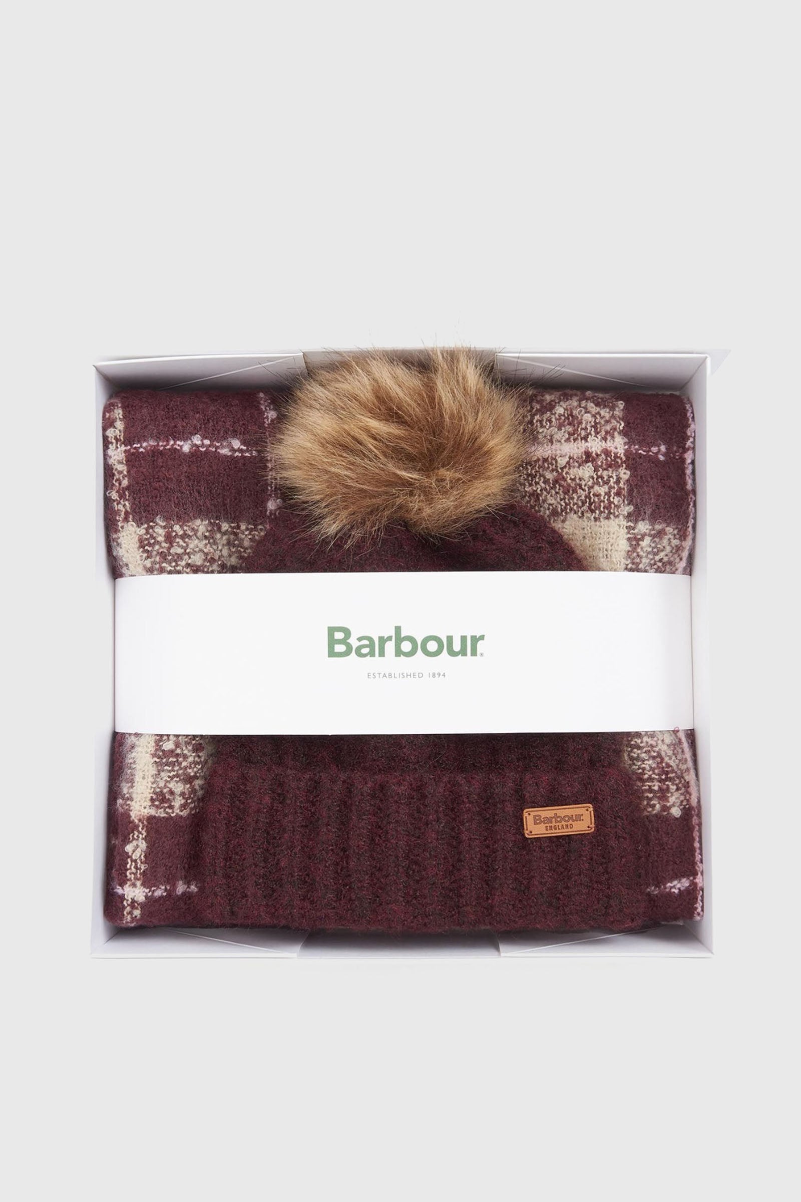 Barbour Saltburn Beanie & Tartan Scarf Gift Set Bordeaux Donna - 1