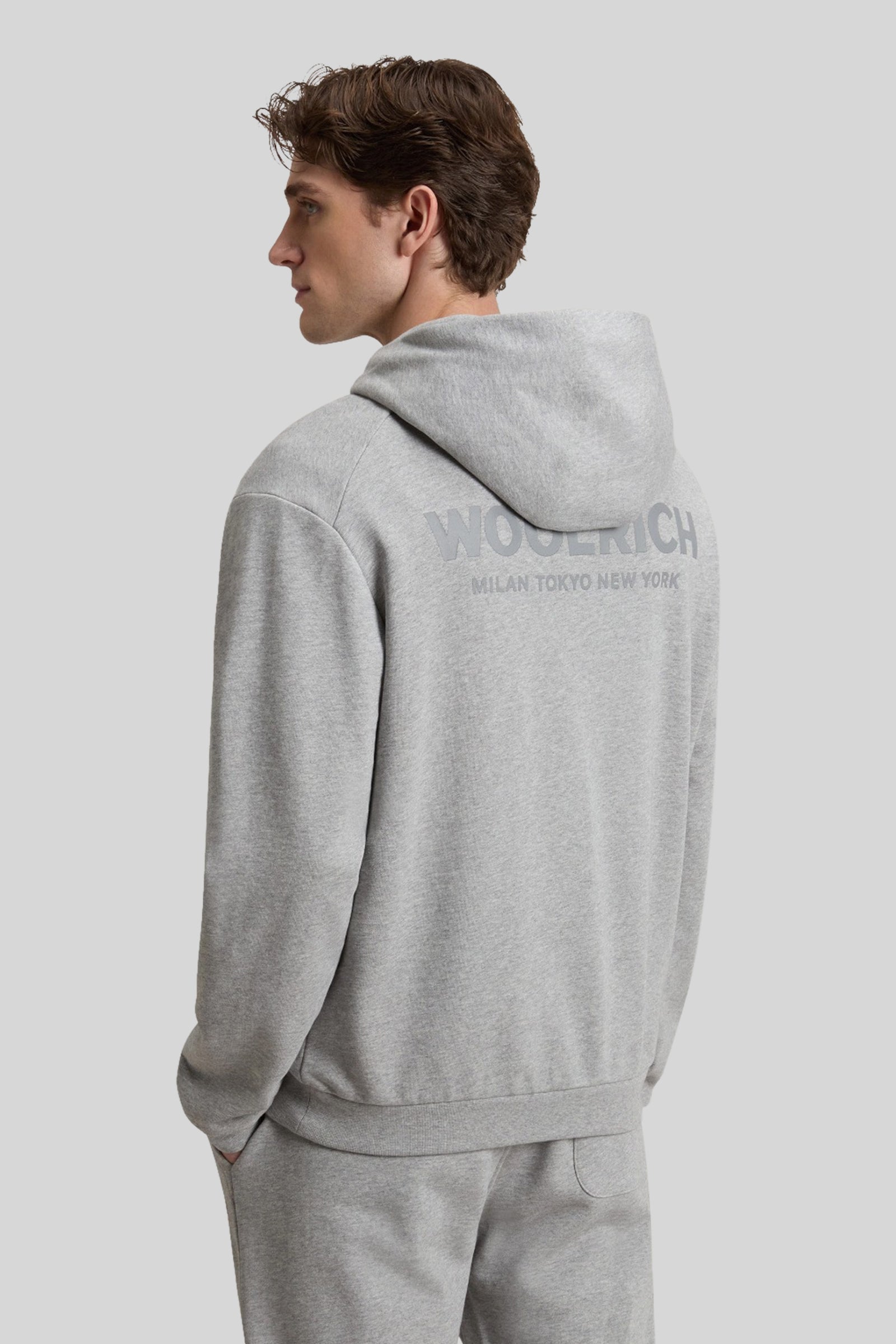 Woolrich Felpa Macro Logo Con Cappuccio Grigio Melange Uomo - 2
