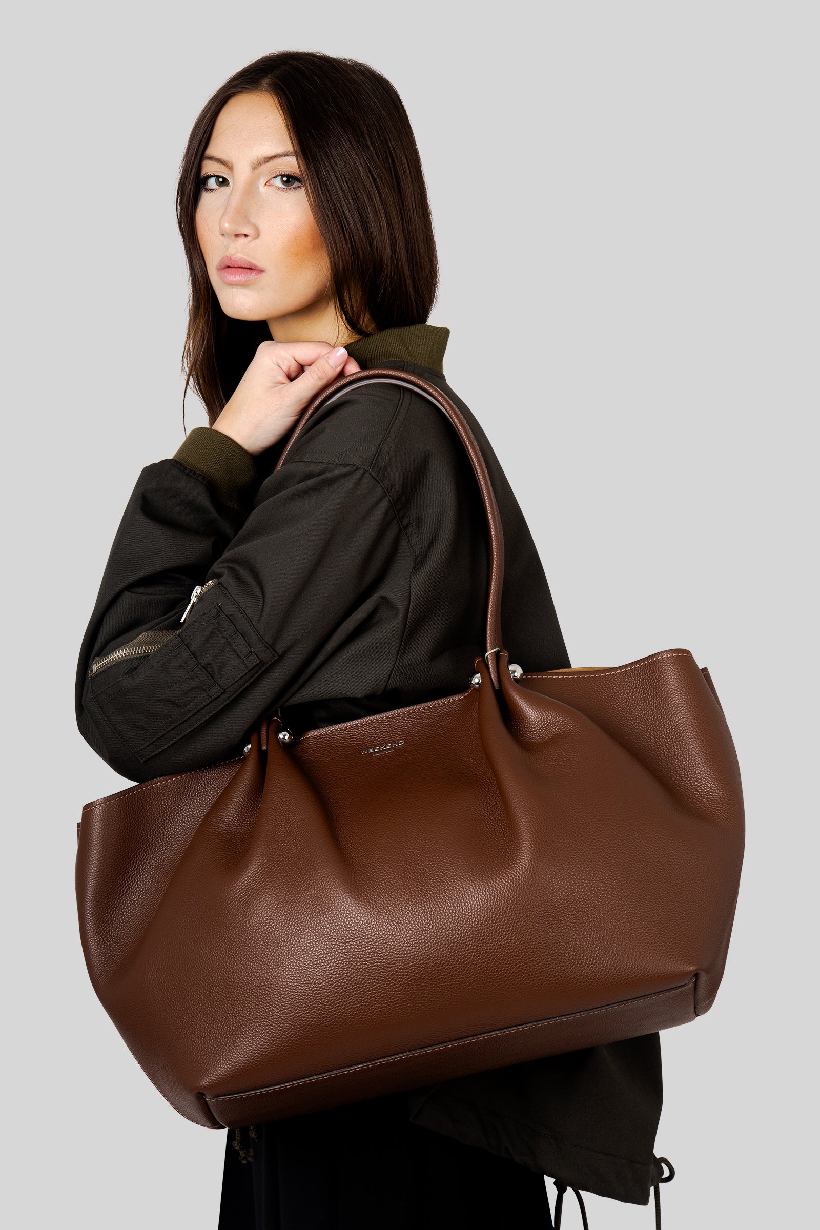 Max Mara Weekend Tote Bag In Pelle Texturizzata Satira Marrone Donna - 1