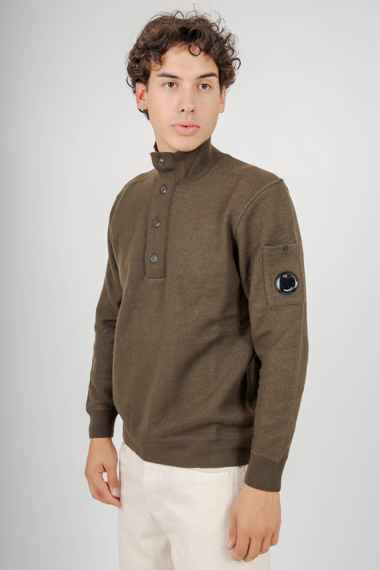 C.p. Company Maglia Merino Wool Felted Half Button Verde Militare Uomo - 2