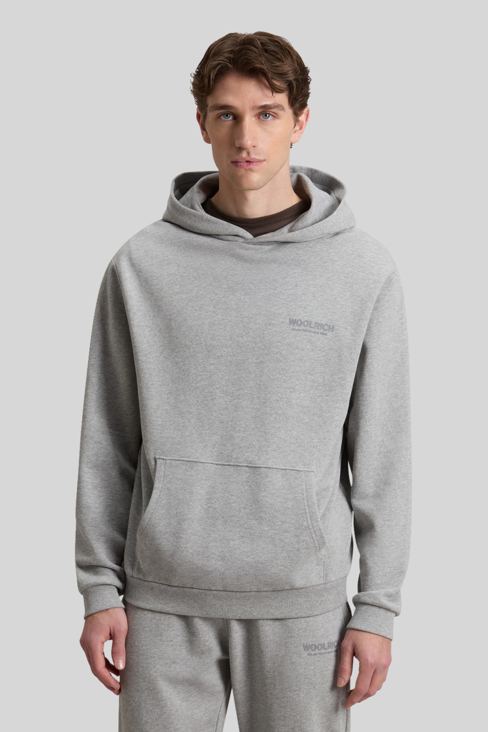 Woolrich Felpa Macro Logo Con Cappuccio Grigio Melange Uomo - 3