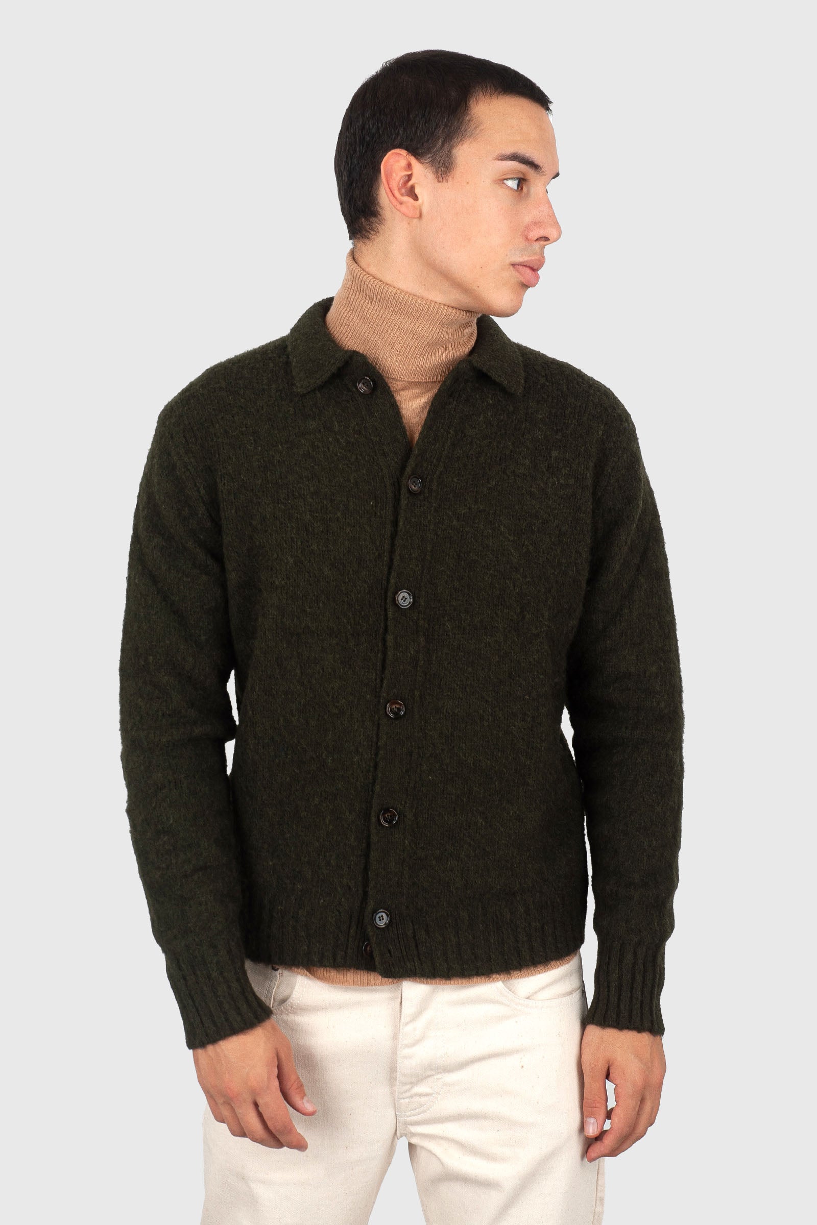 Aspesi Cardigan In Lana Shetland Spazzolata Verde Militare Uomo - 1