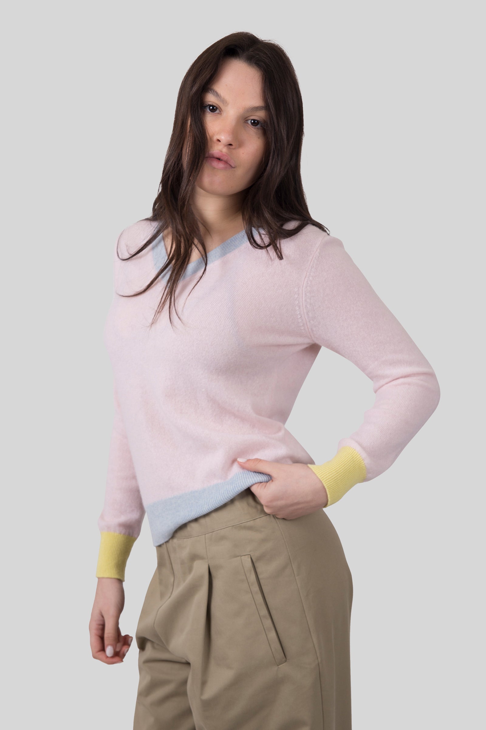 Absolut Cashmere Maglia Scollo V Isla Rosa Chiaro Donna - 4