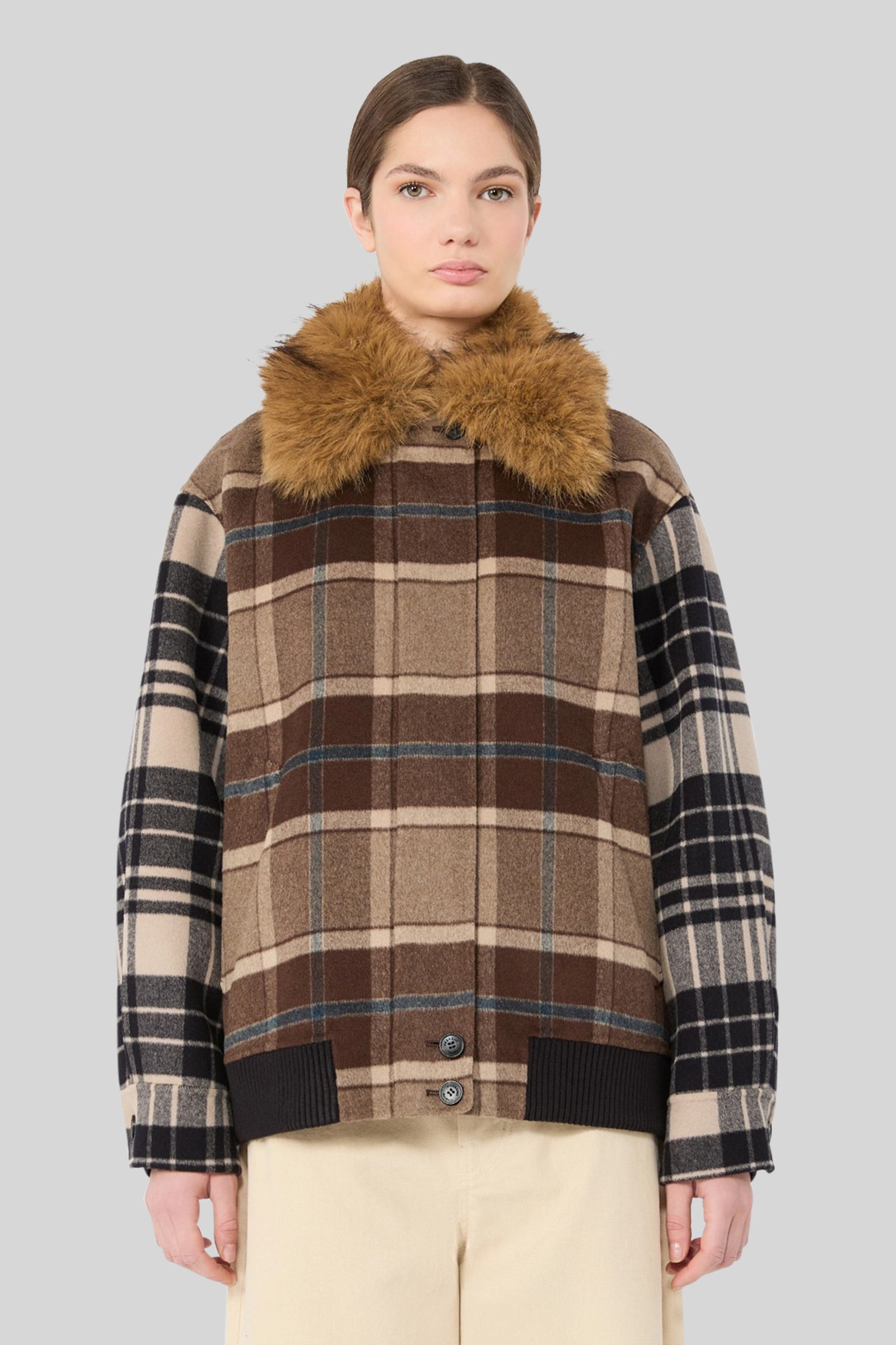 Max Mara Weekend Bomber In Drap Di Lana Check Divina Marrone/blu Donna - 1