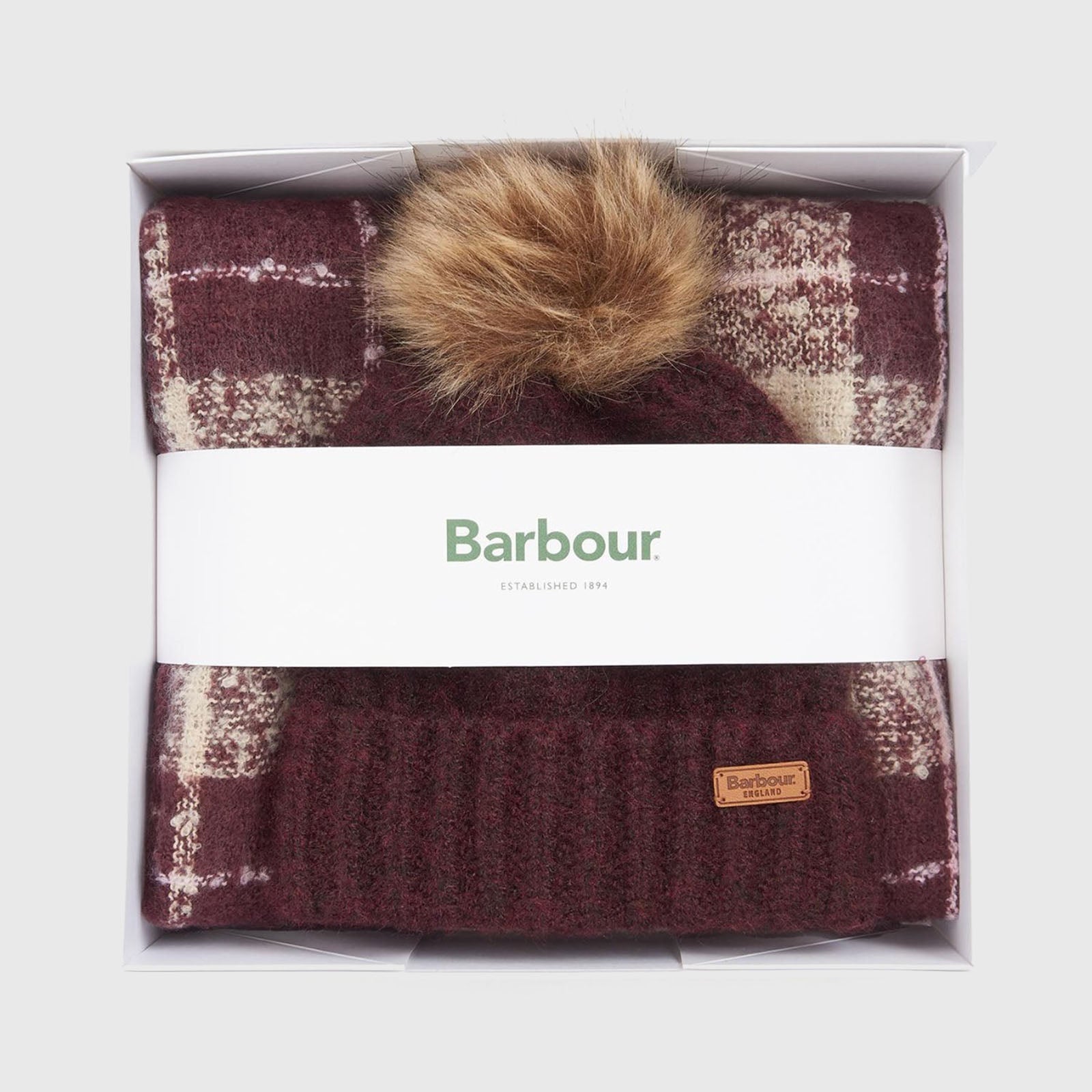 Barbour Saltburn Beanie & Tartan Scarf Gift Set Bordeaux Donna - 7