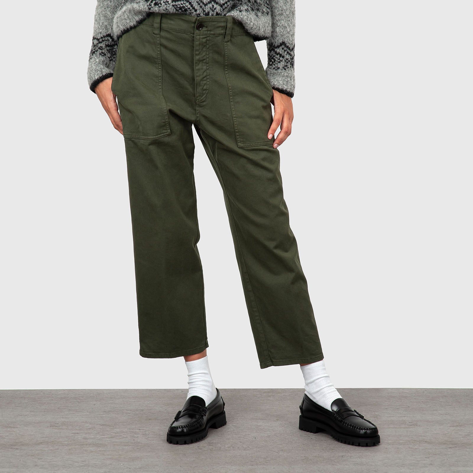 Aspesi Pantalone Cropped In Gabardina Verde Militare Donna - 7