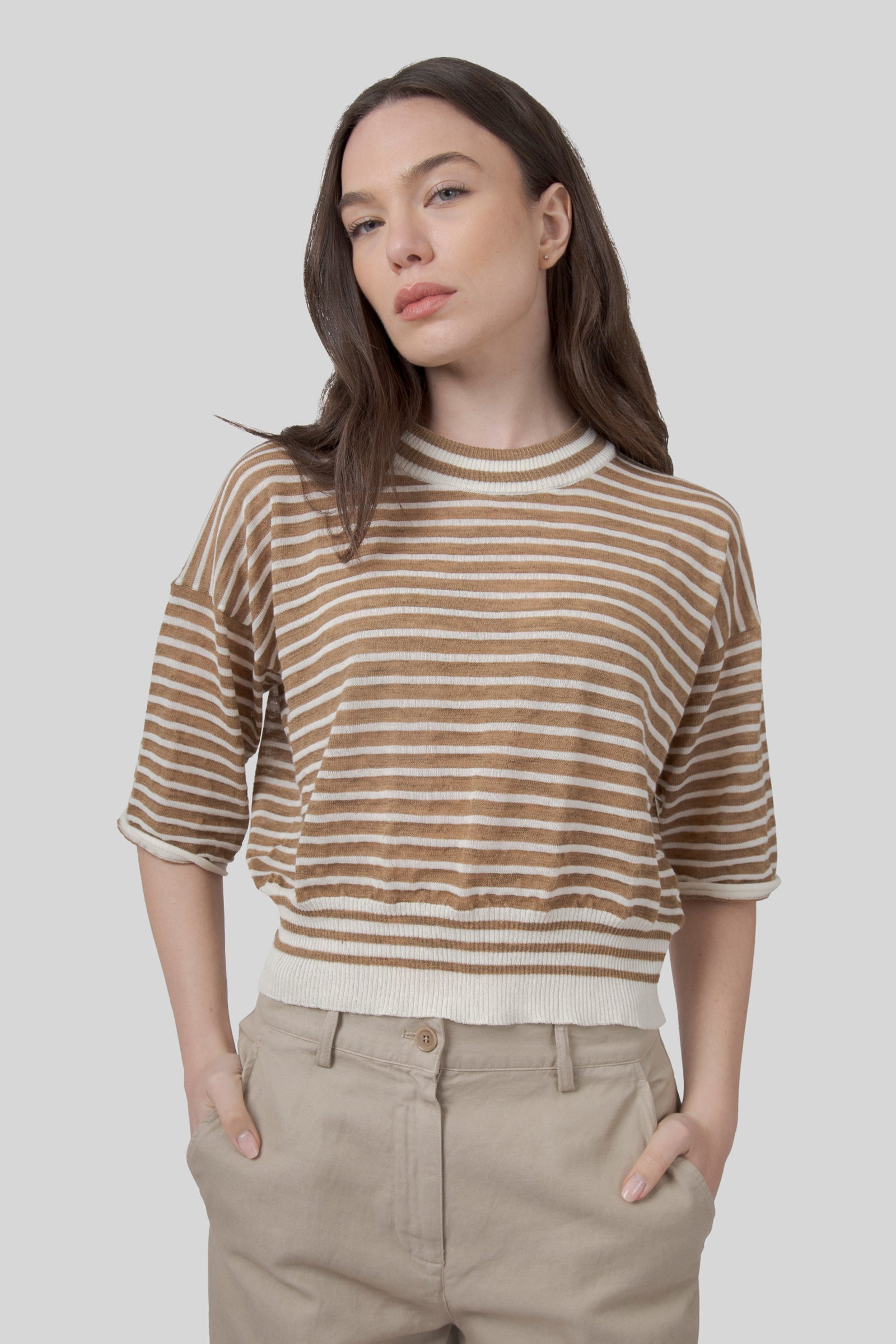 Roberto Collina Maglia Girocollo Mariniere Tabacco Donna - 3