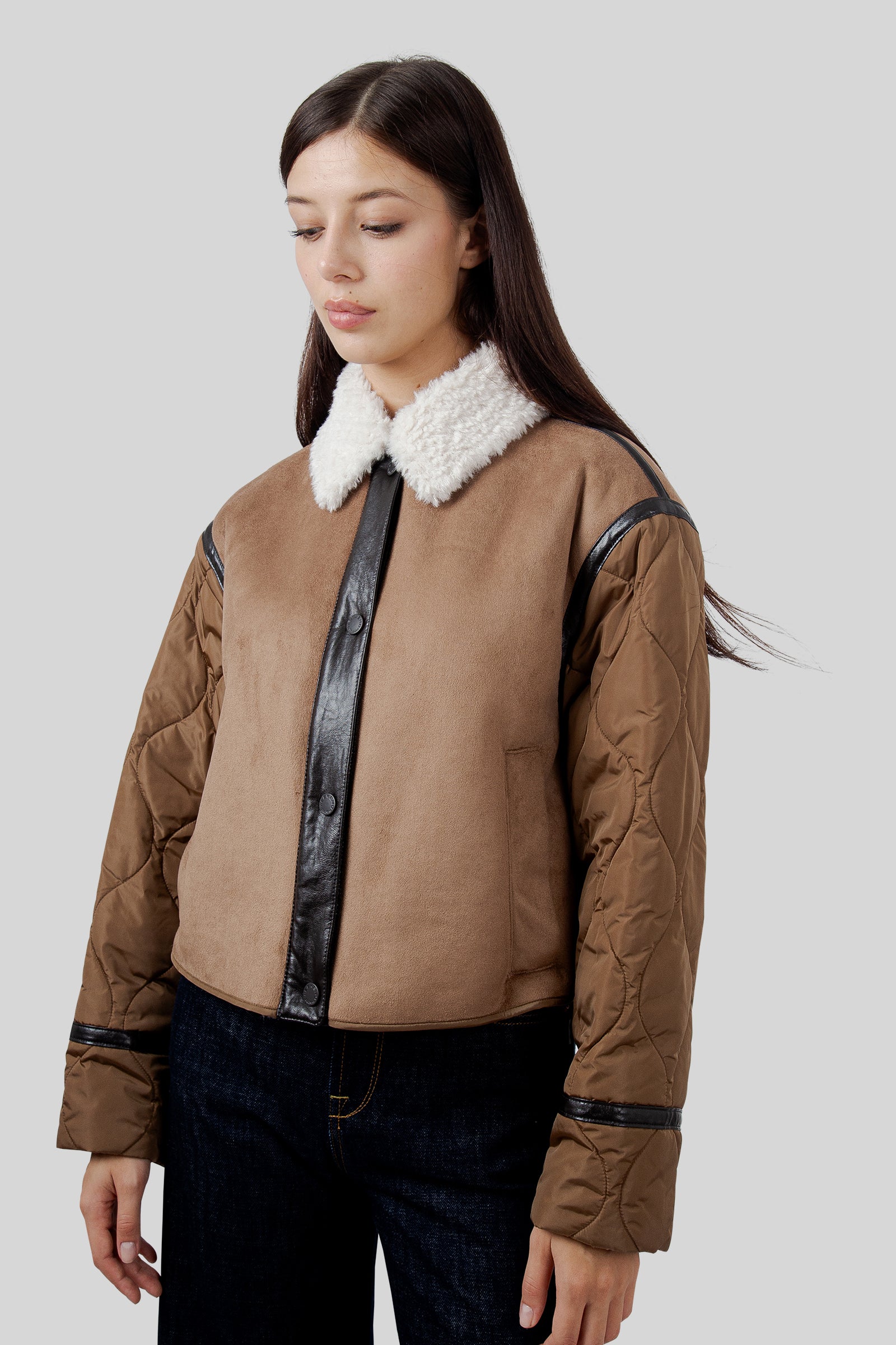 Max Mara Weekend Giacca Crop Effetto Suede E Tessuto Tecnico Gessati Marrone Chiaro Donna - 3
