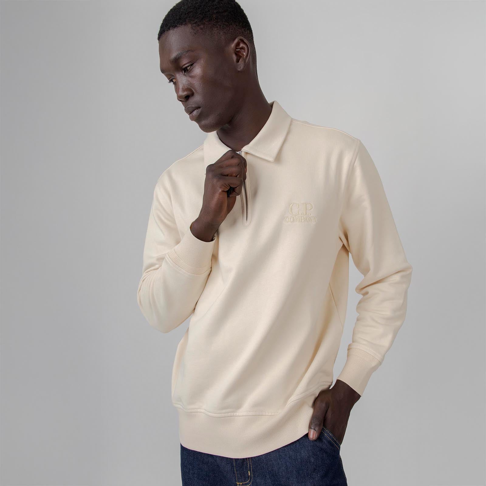 C.p. Company Felpa Polo Diagonal Raised Bianco Off Uomo - 7