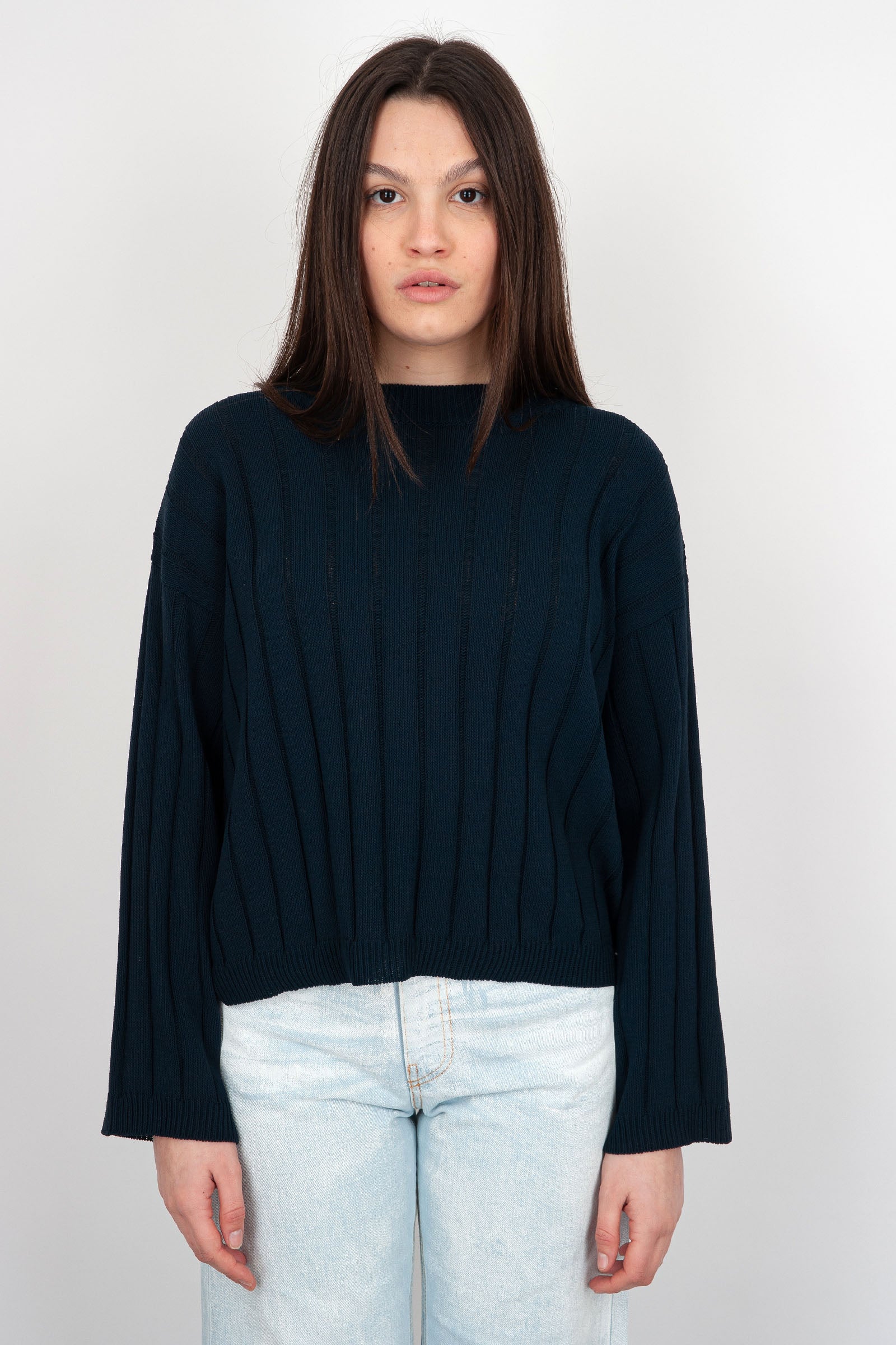 Grifoni Ribbed Cotton Navy Blue Sweater - 1
