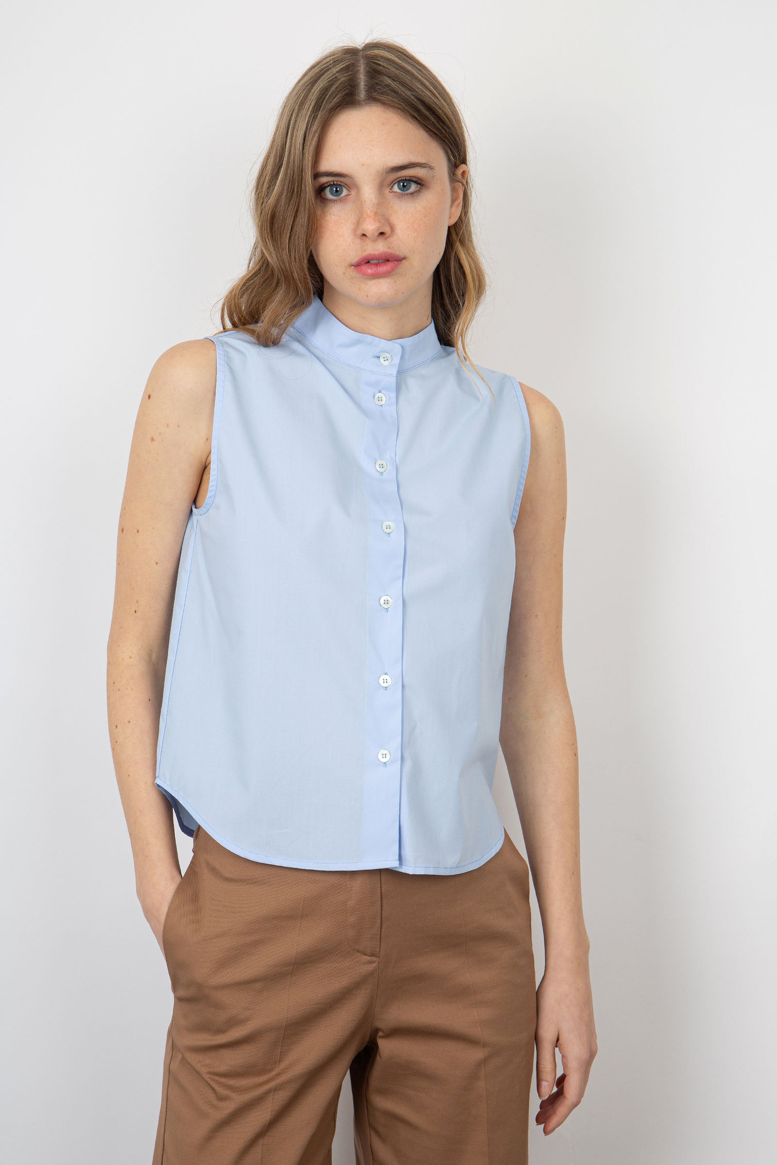 Grifoni Sleeveless Sky-Blue Cotton Shirt - 5