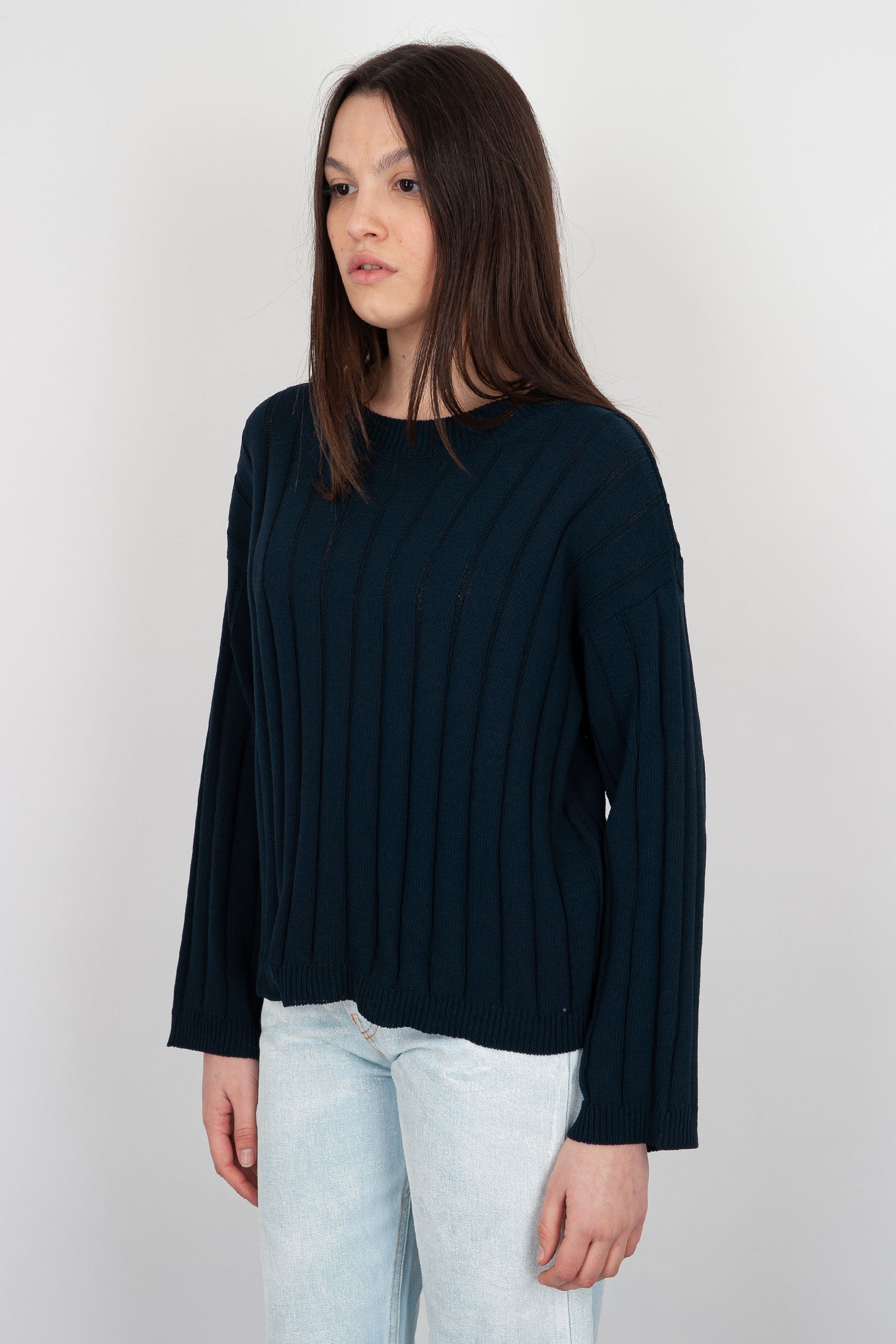 Grifoni Ribbed Cotton Navy Blue Sweater - 3