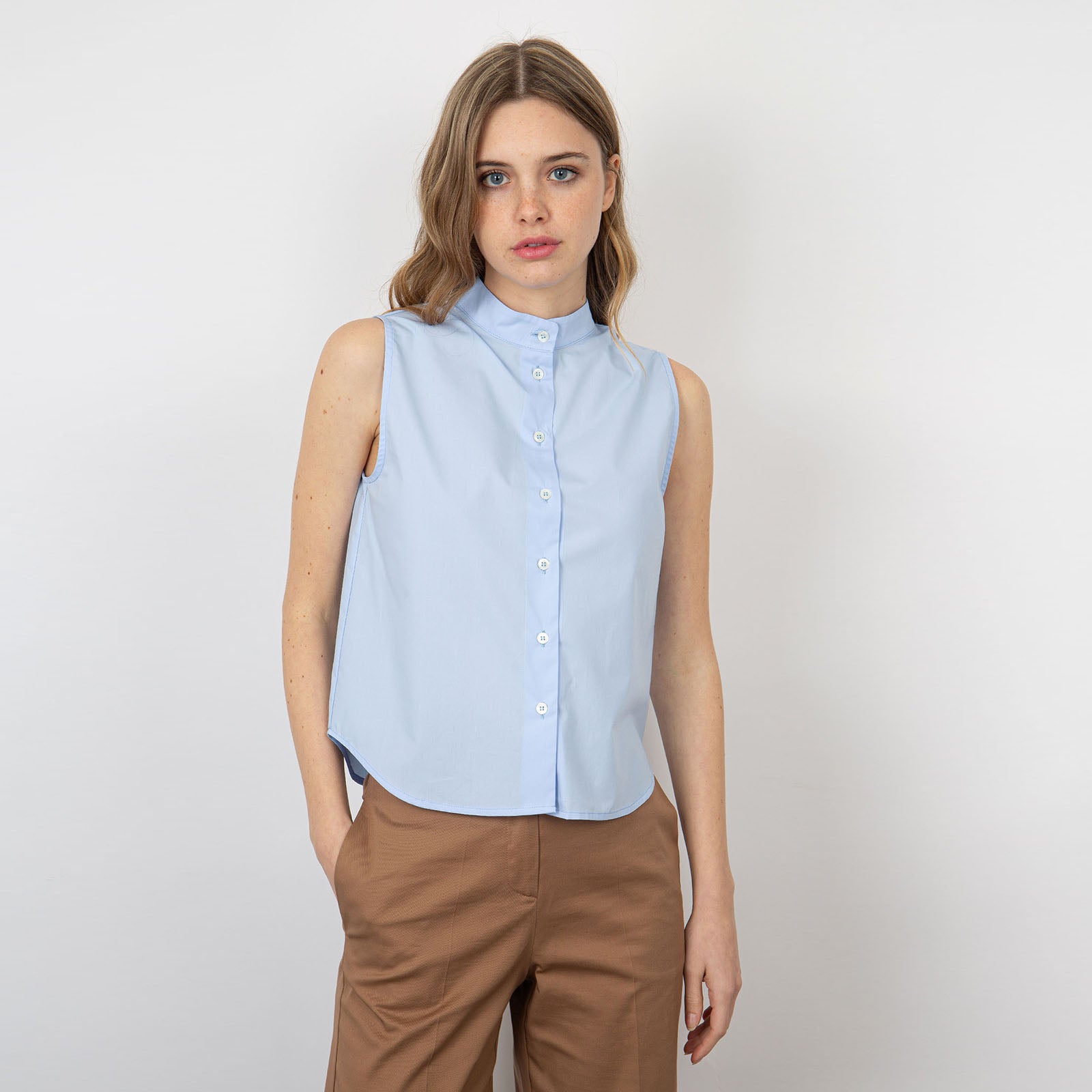 Grifoni Sleeveless Sky-Blue Cotton Shirt - 6