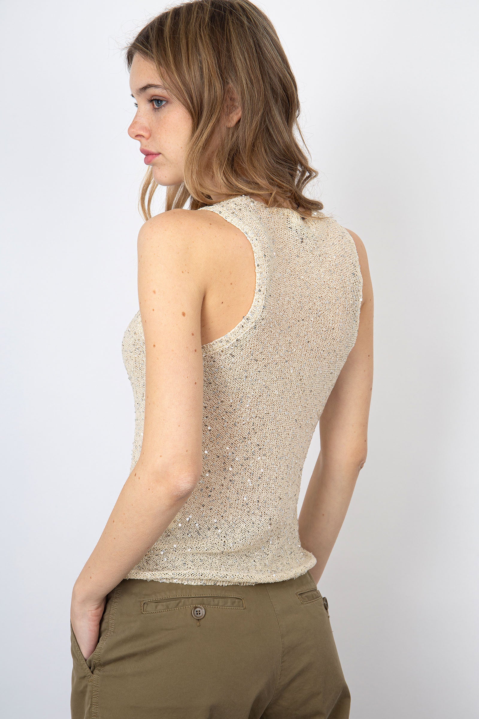 Roberto Collina Sleeveless Top with Sequins in Synthetic Sand - 4