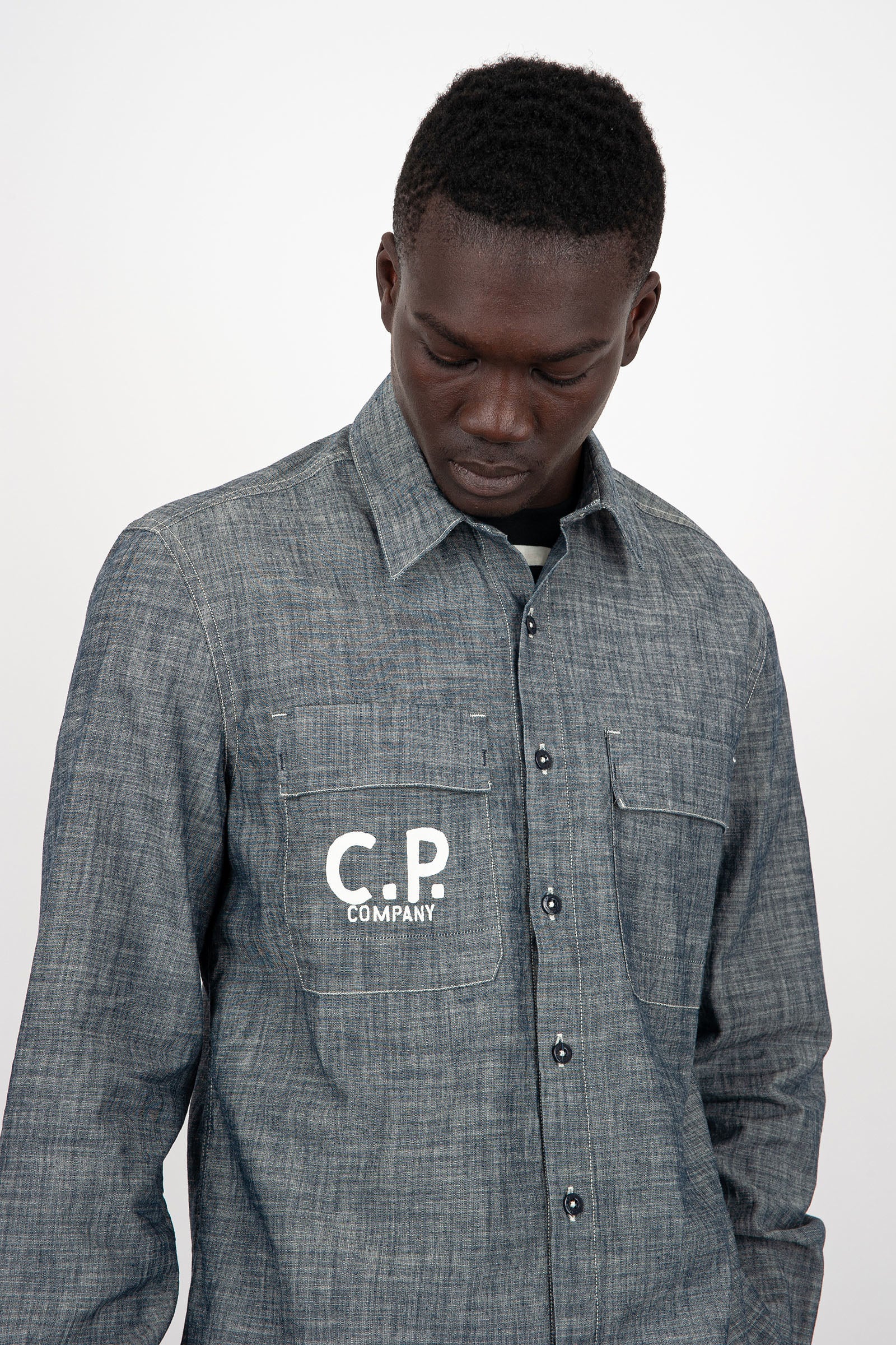 C.P. Company Camicia Logo Chambray in Cotone Blu - 5