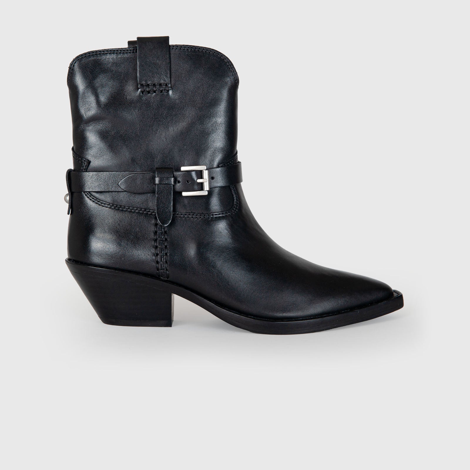 "Dustin Texan Ankle Boot in Black Leather for Women" - 6
