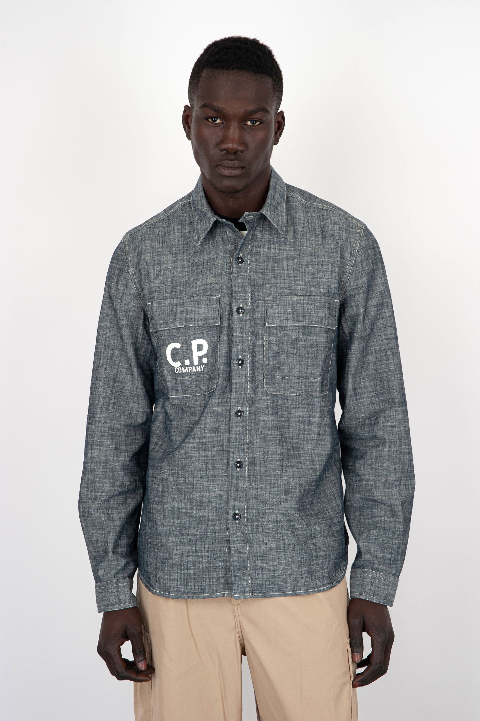 C.P. Company Camicia Logo Chambray in Cotone Blu - 3